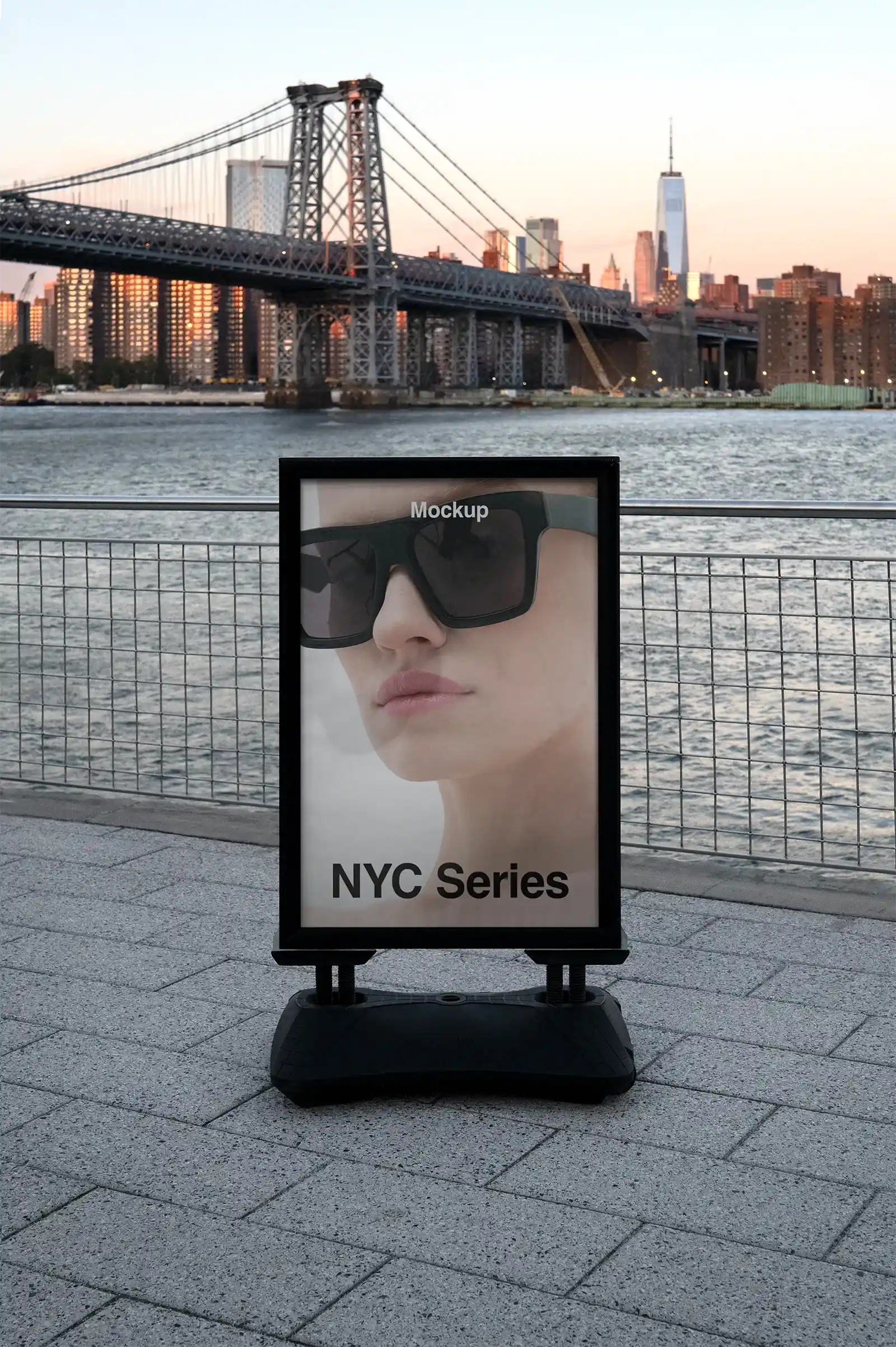 Poster mockup in front of Manhattan bridge, New York, United States. 
