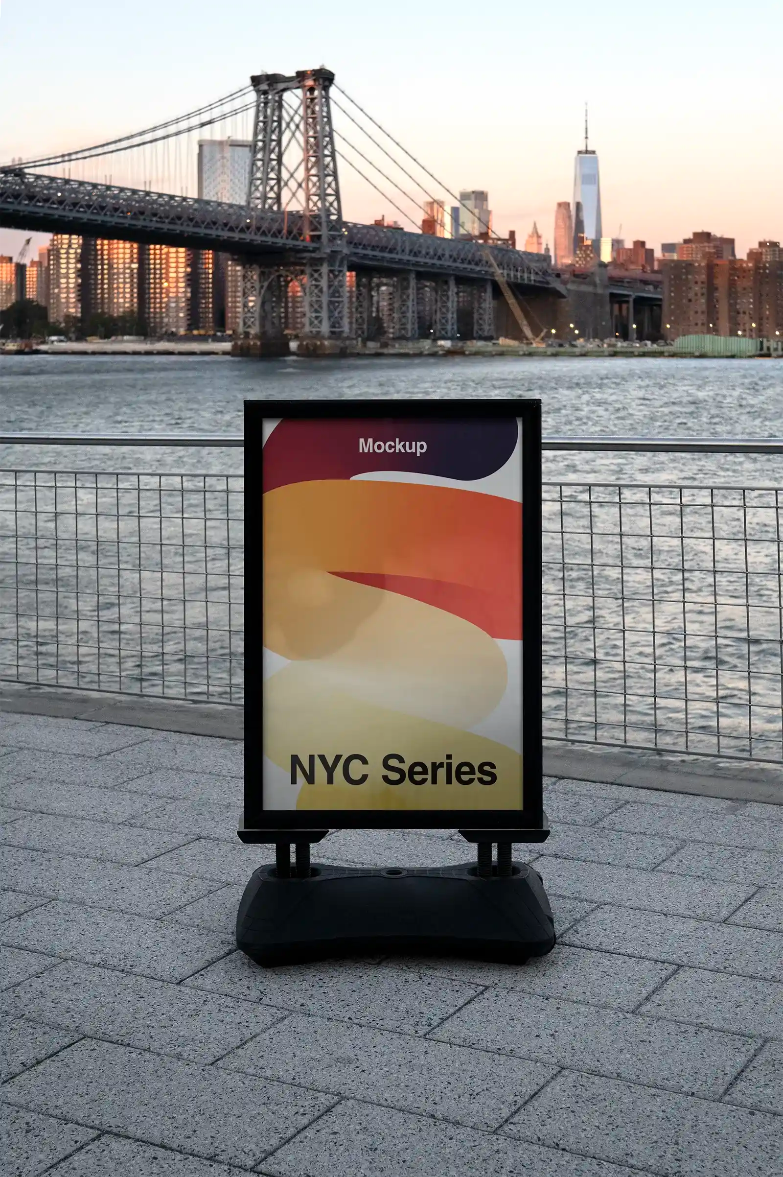 Poster mockup in front of Manhattan bridge, New York, United States. 