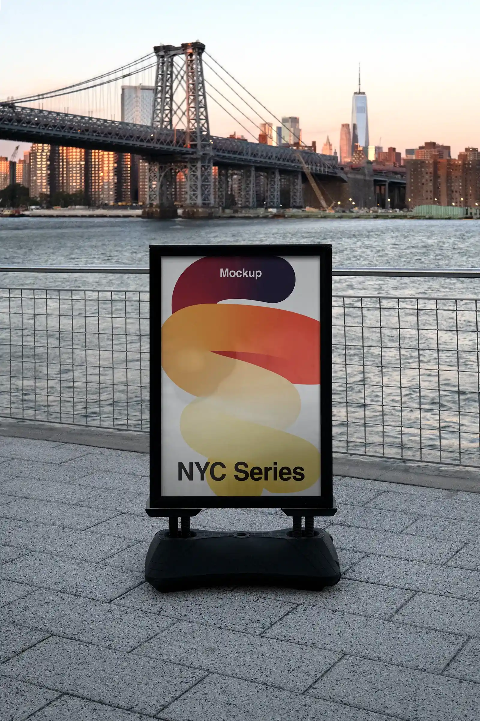 Poster mockup in front of Manhattan bridge, New York, United States. 
