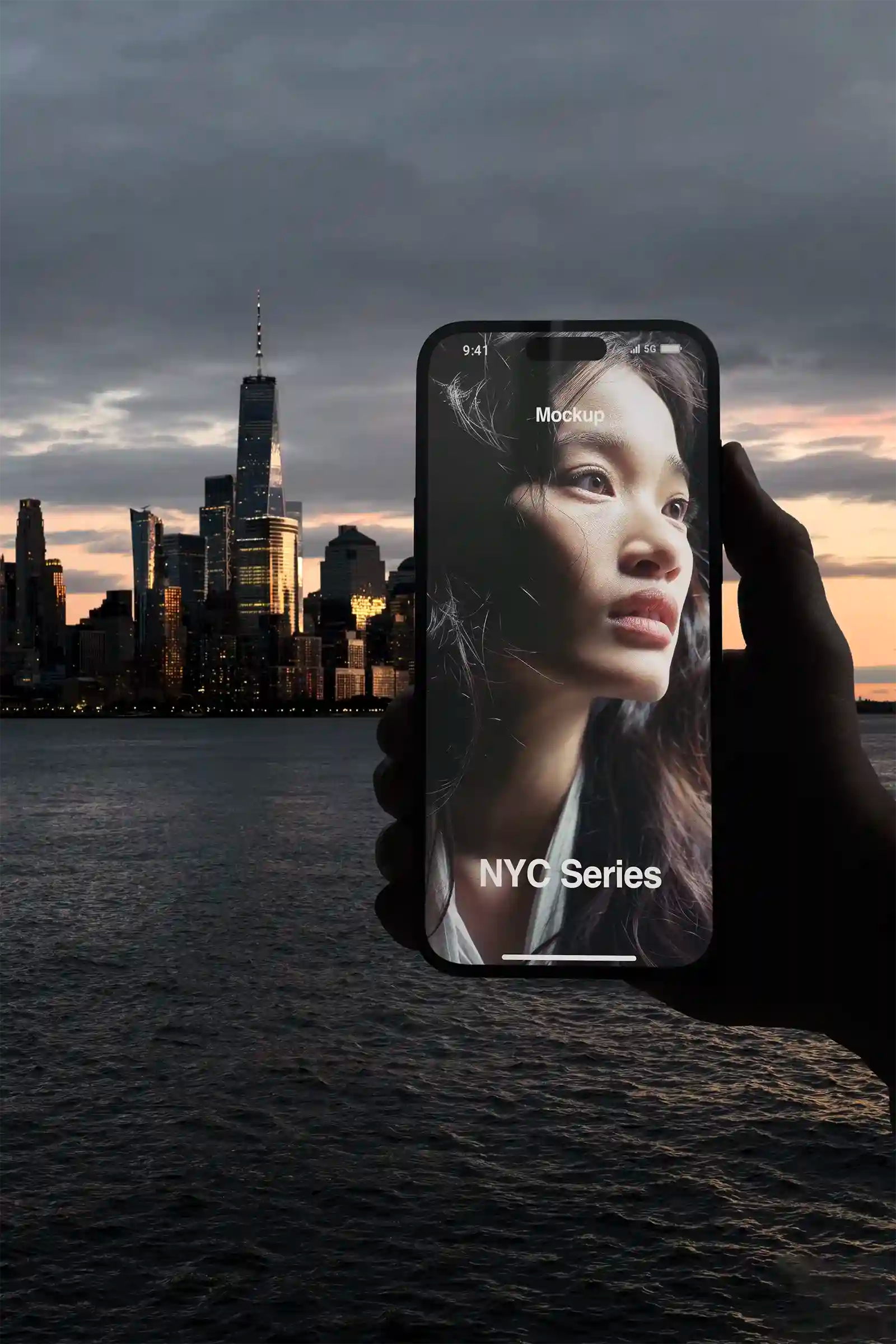 Phone mockup with the Manhattan Skyline, New York, United States at dusk. iPhone PSD Mockup on Photoshop for your design 2