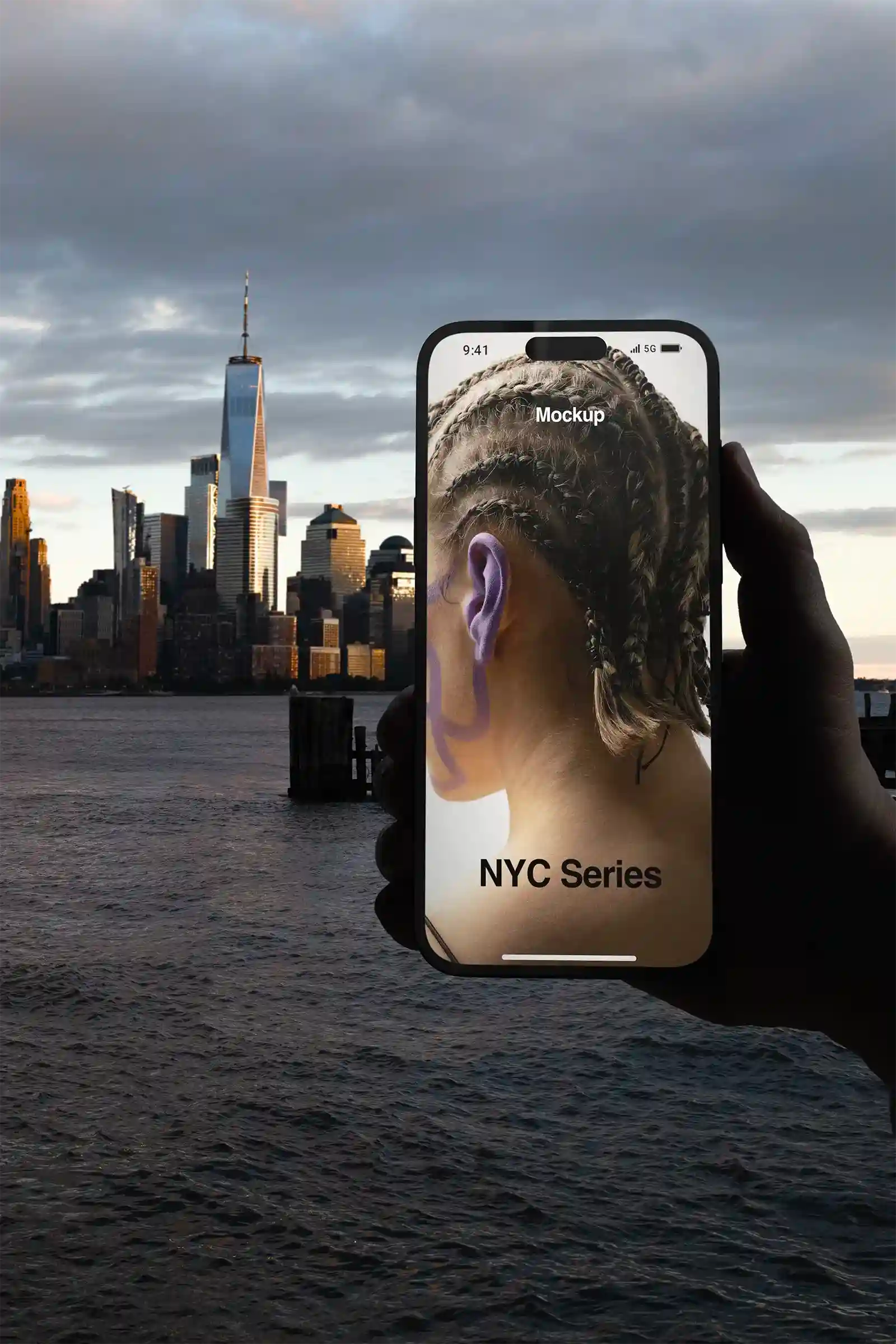 Phone mockup with the Manhattan Skyline, New York, United States at sunset. iPhone PSD Mockup on Photoshop for your design 1