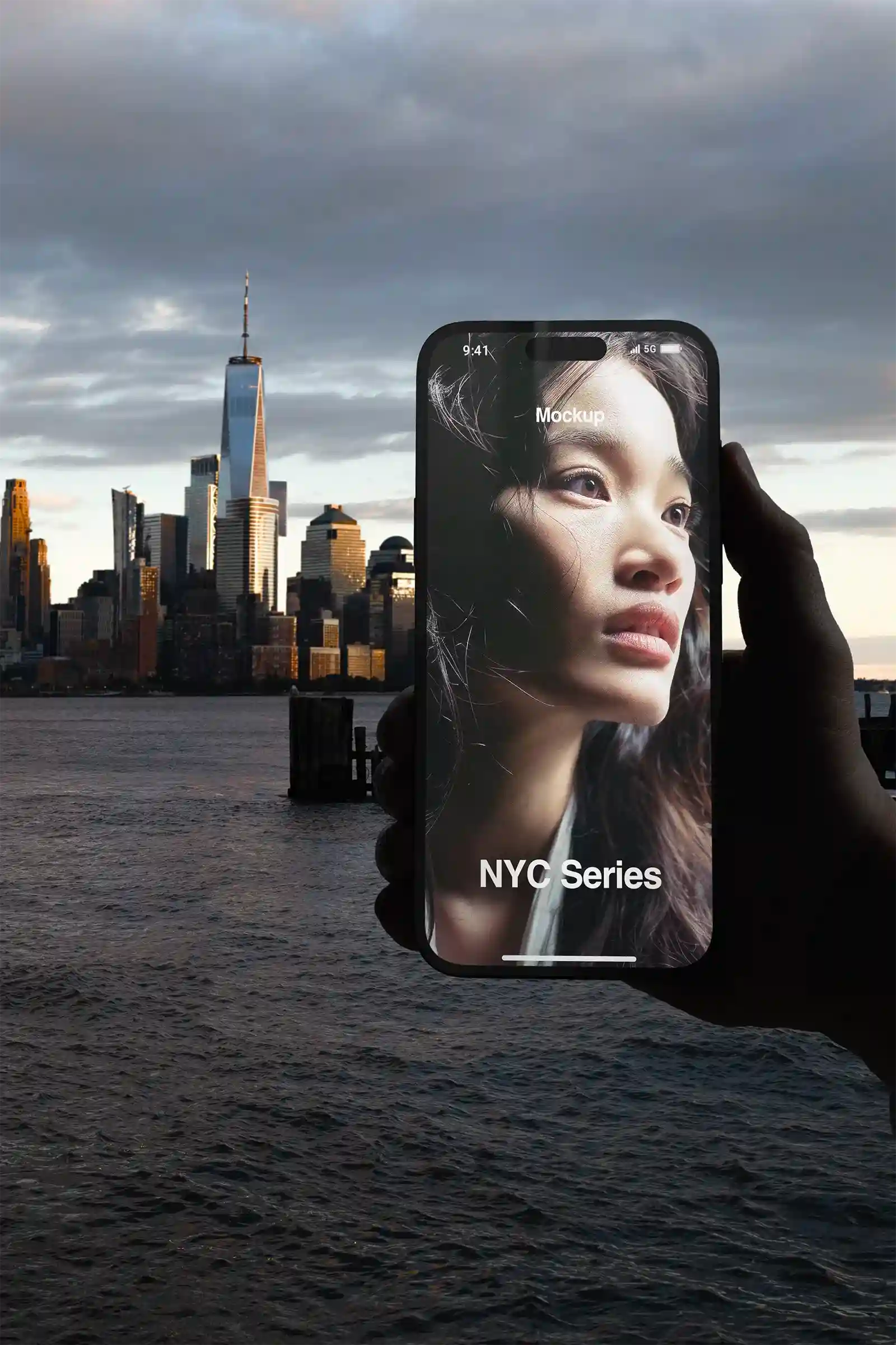 Phone mockup with the Manhattan Skyline, New York, United States at sunset. iPhone PSD Mockup on Photoshop for your design 2