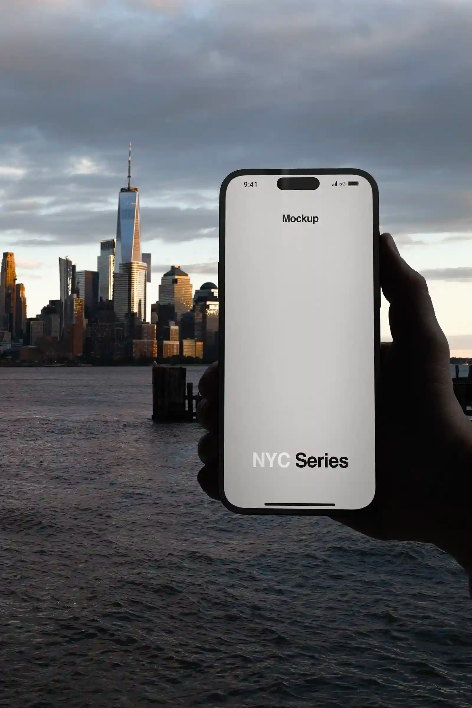 Phone mockup with the Manhattan Skyline, New York, United States at sunset. iPhone PSD Mockup on Photoshop for your design 3