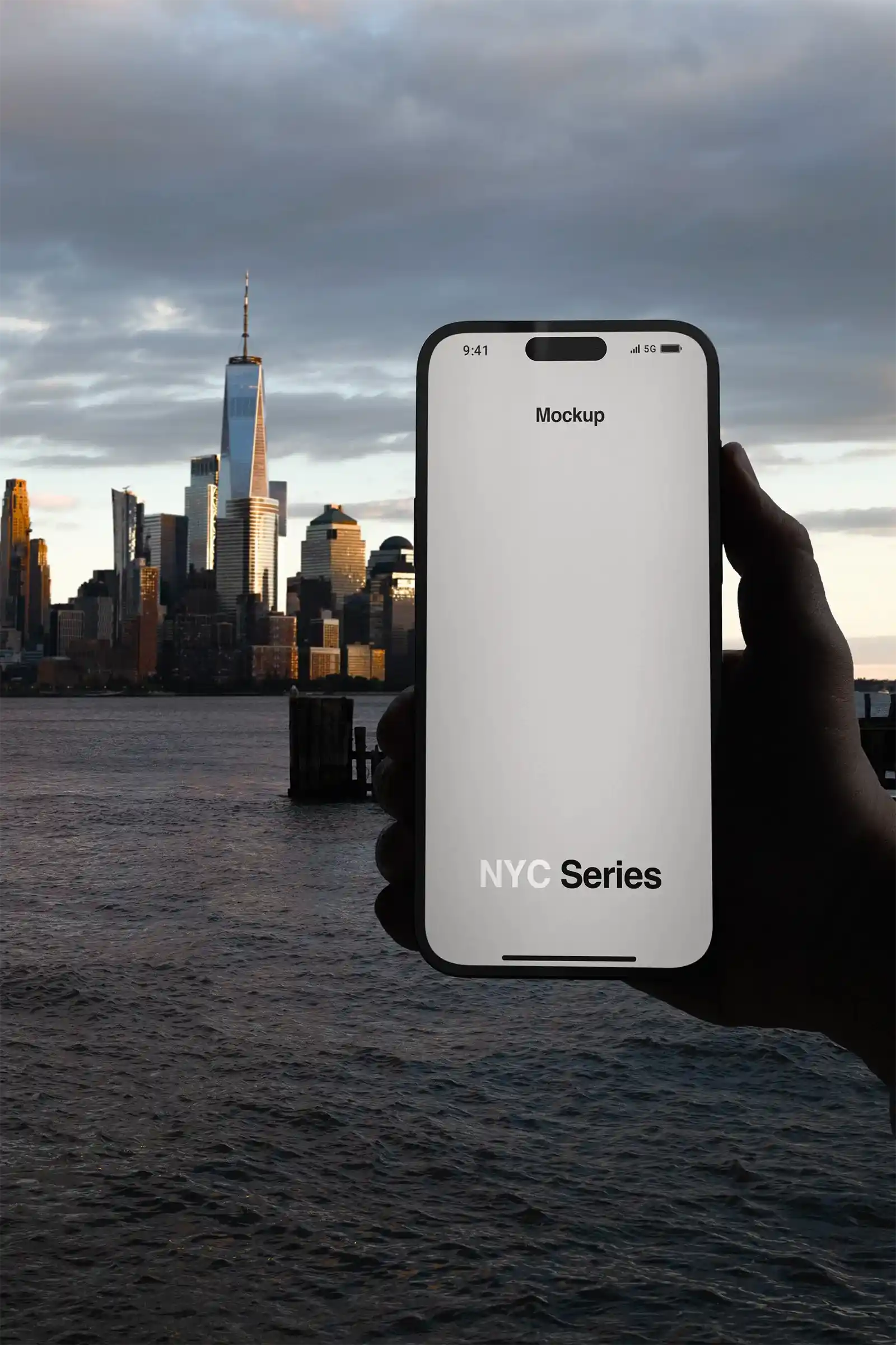 Phone mockup with the Manhattan Skyline, New York, United States at sunset. iPhone PSD Mockup on Photoshop for your design 1