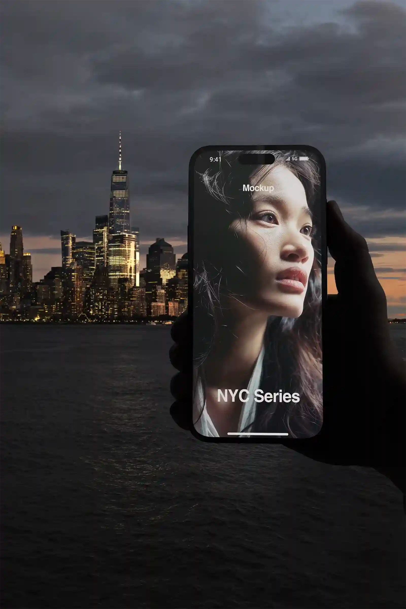 Phone mockup with the Manhattan Skyline, New York, United States at night. iPhone PSD Mockup on Photoshop for your design 1
