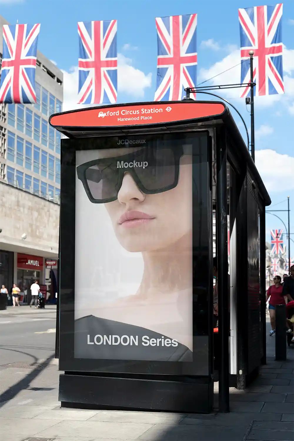 Billboard mockup on a bus shelter on Oxford Street in London © BRANDACLE MOCKUPS 2026.