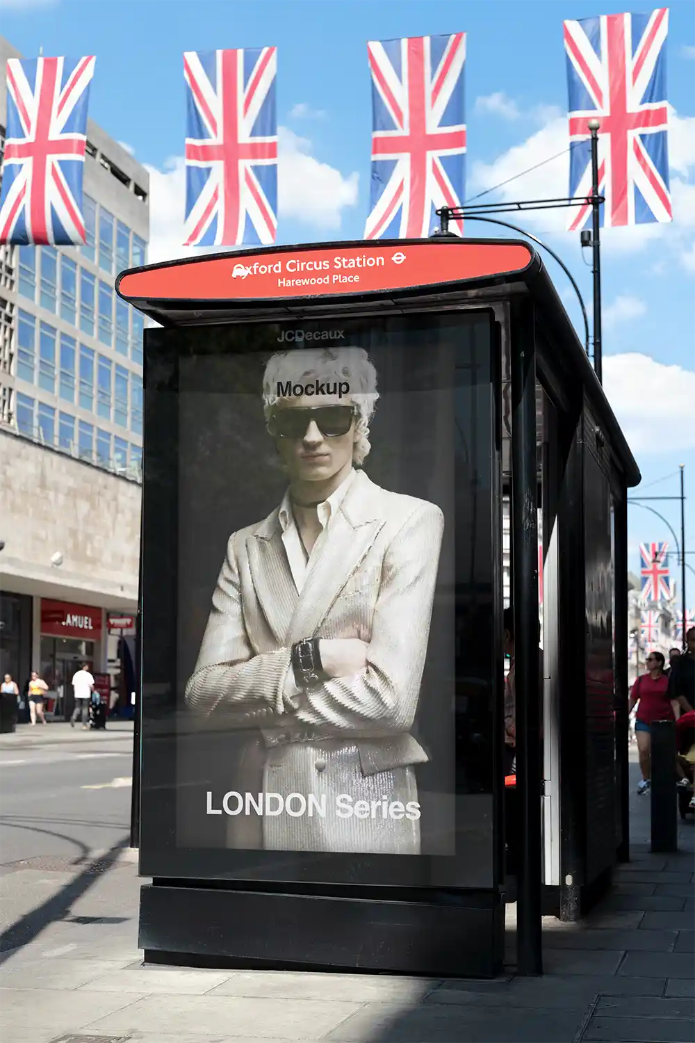 Billboard mockup on a bus shelter on Oxford Street in London © BRANDACLE MOCKUPS 2026.