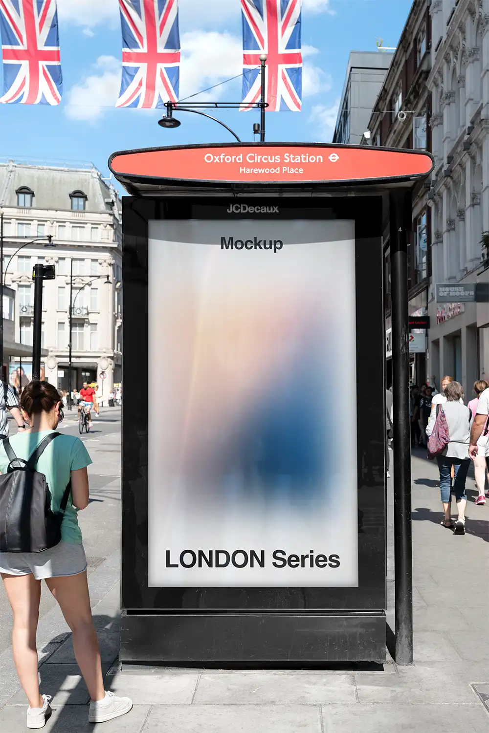 Billboard mockup on a bus shelter on Oxford Street in London. © BRANDACLE MOCKUPS 2026