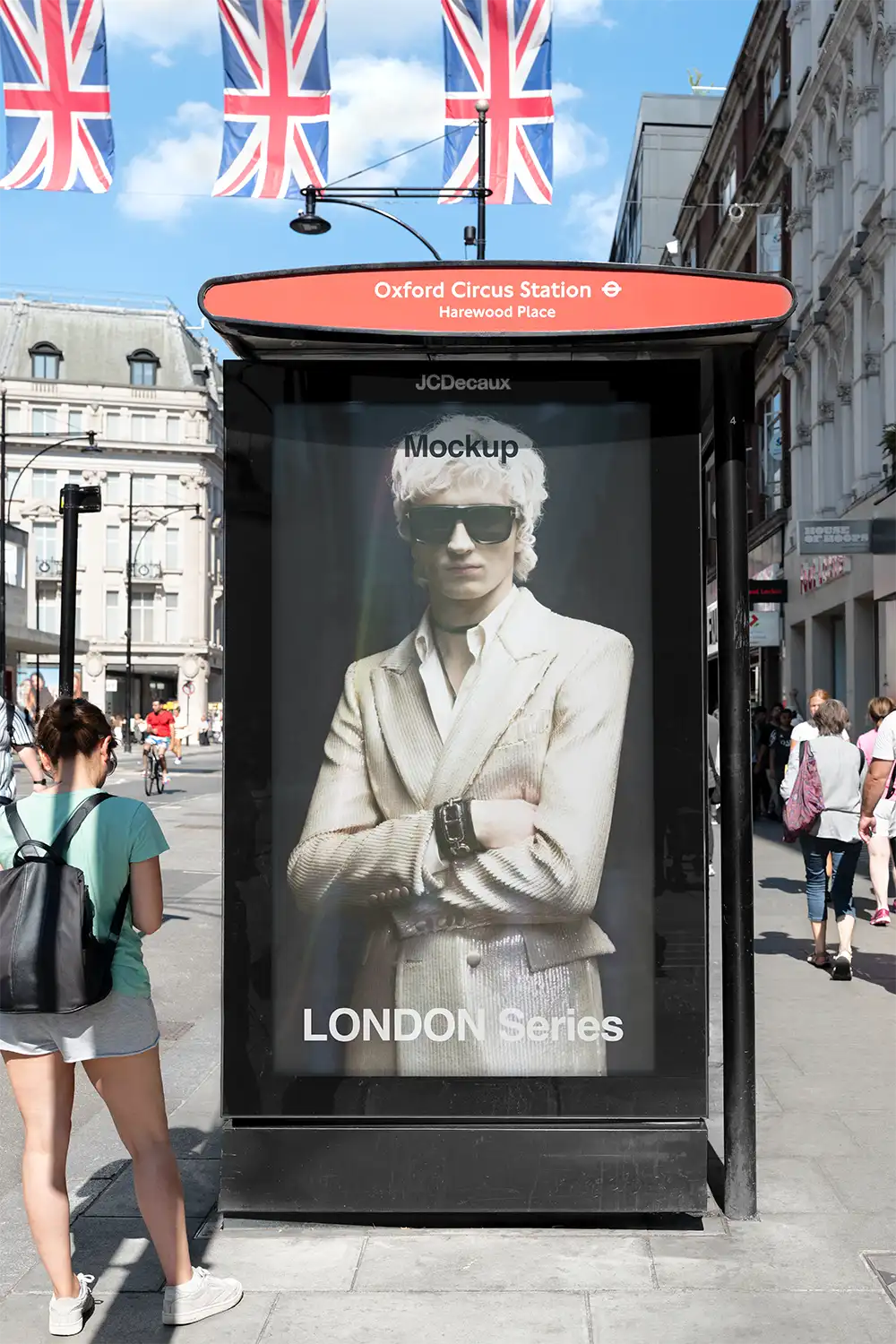 Billboard mockup on a bus shelter on Oxford Street in London. © BRANDACLE MOCKUPS 2026