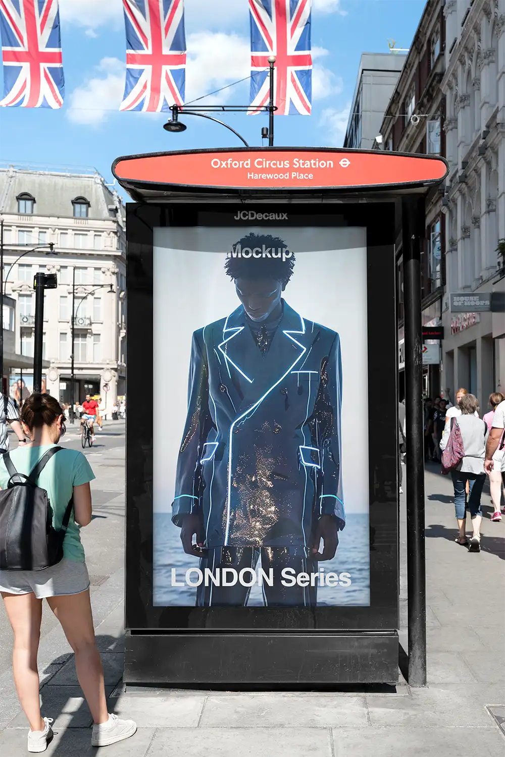 Billboard mockup on a bus shelter on Oxford Street in London. © BRANDACLE MOCKUPS 2026