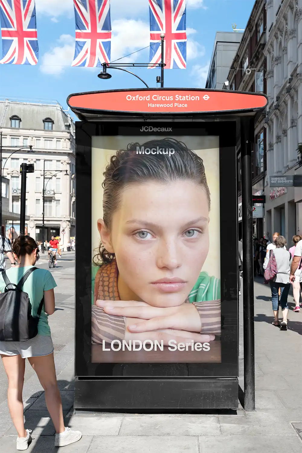 Billboard mockup on a bus shelter on Oxford Street in London. © BRANDACLE MOCKUPS 2026