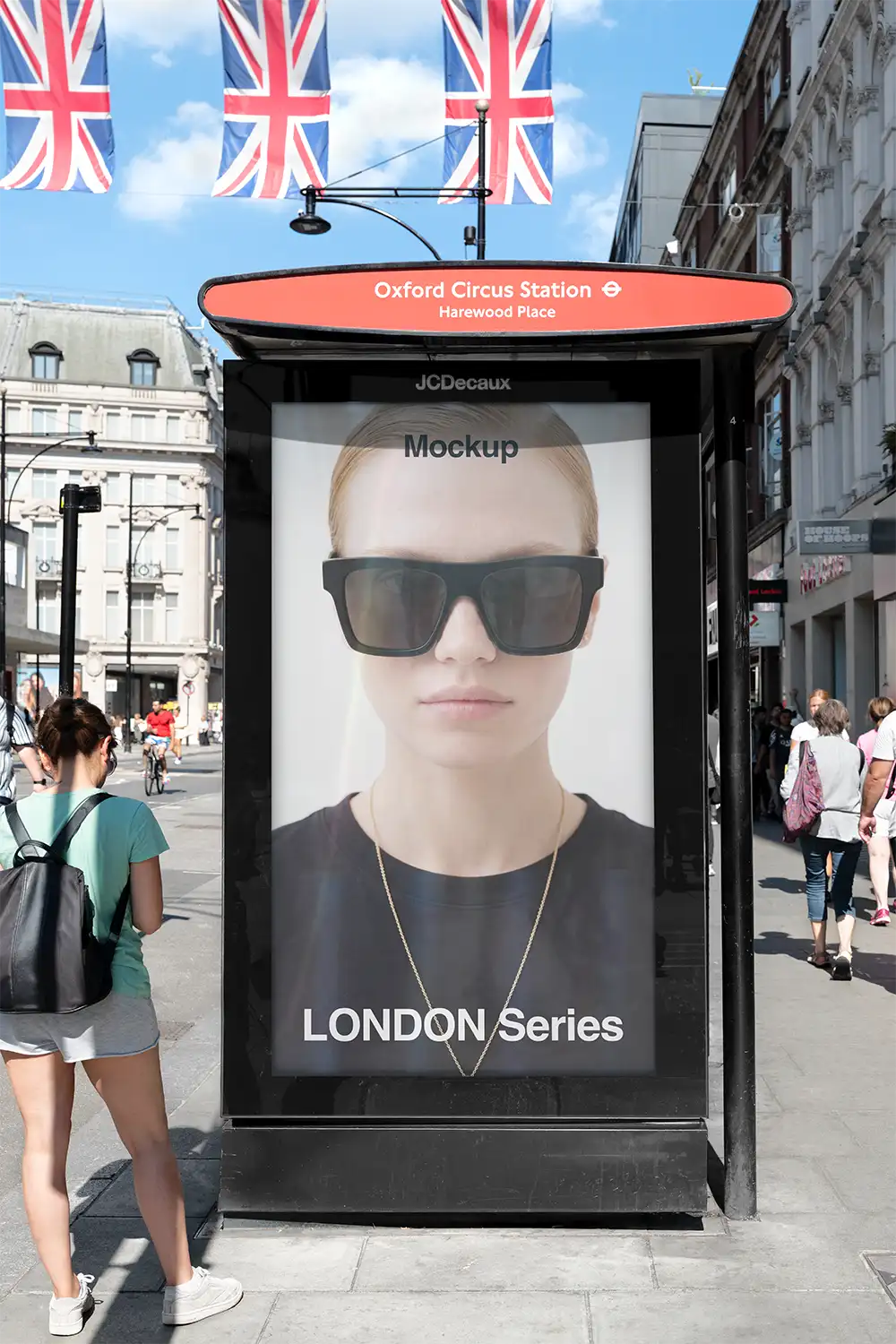 Poster mockup on a bus shelter on Oxford Street in London. © BRANDACLE MOCKUPS 2026