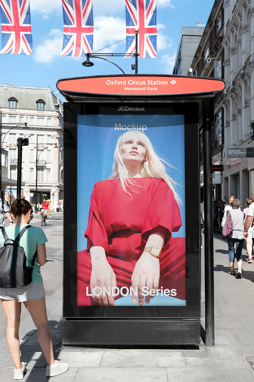 Poster mockup on a bus shelter on Oxford Street in London. © BRANDACLE MOCKUPS 2026