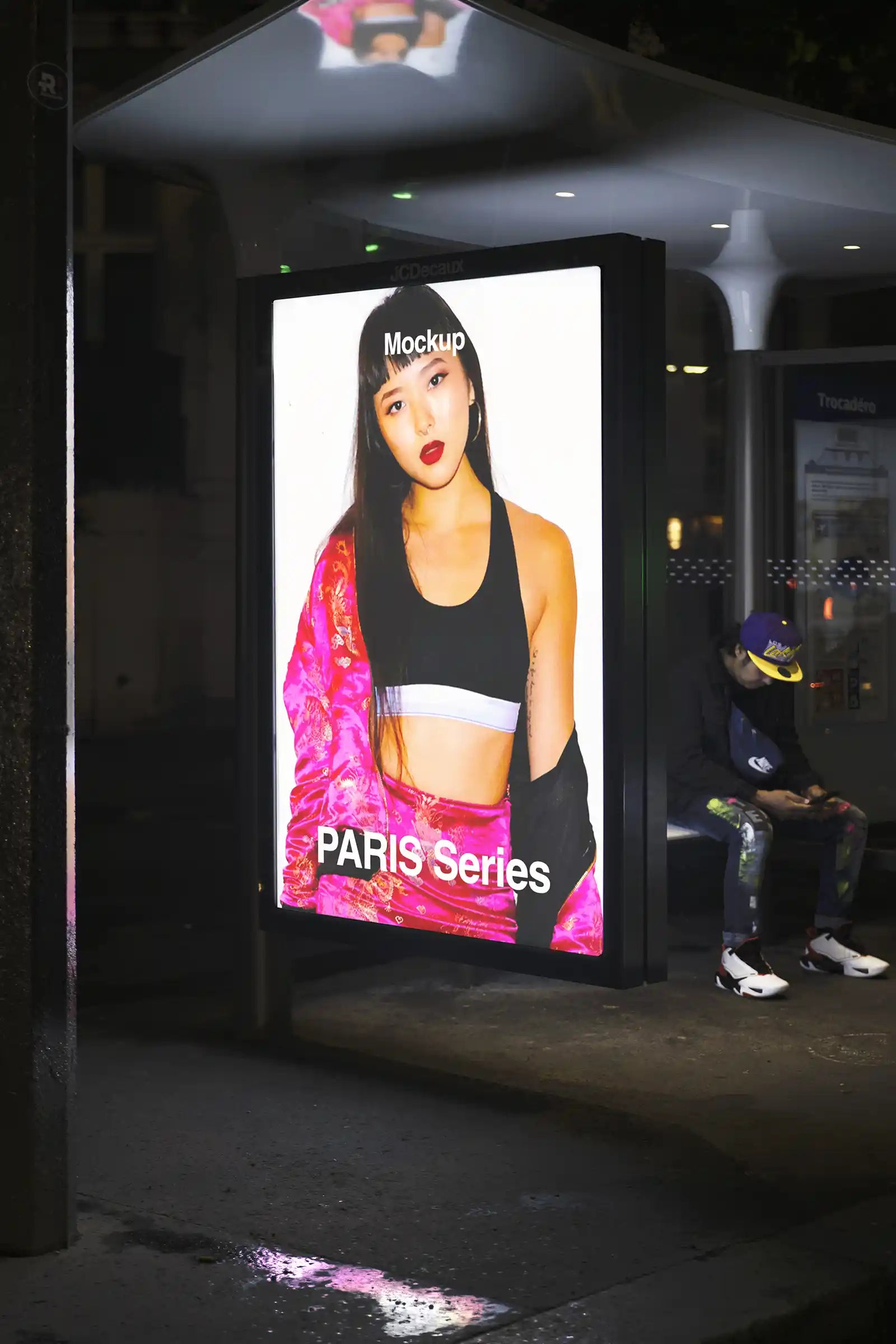 Poster mockup on a bus shelter in Paris, France © BRANDACLE MOCKUPS 2026. 
