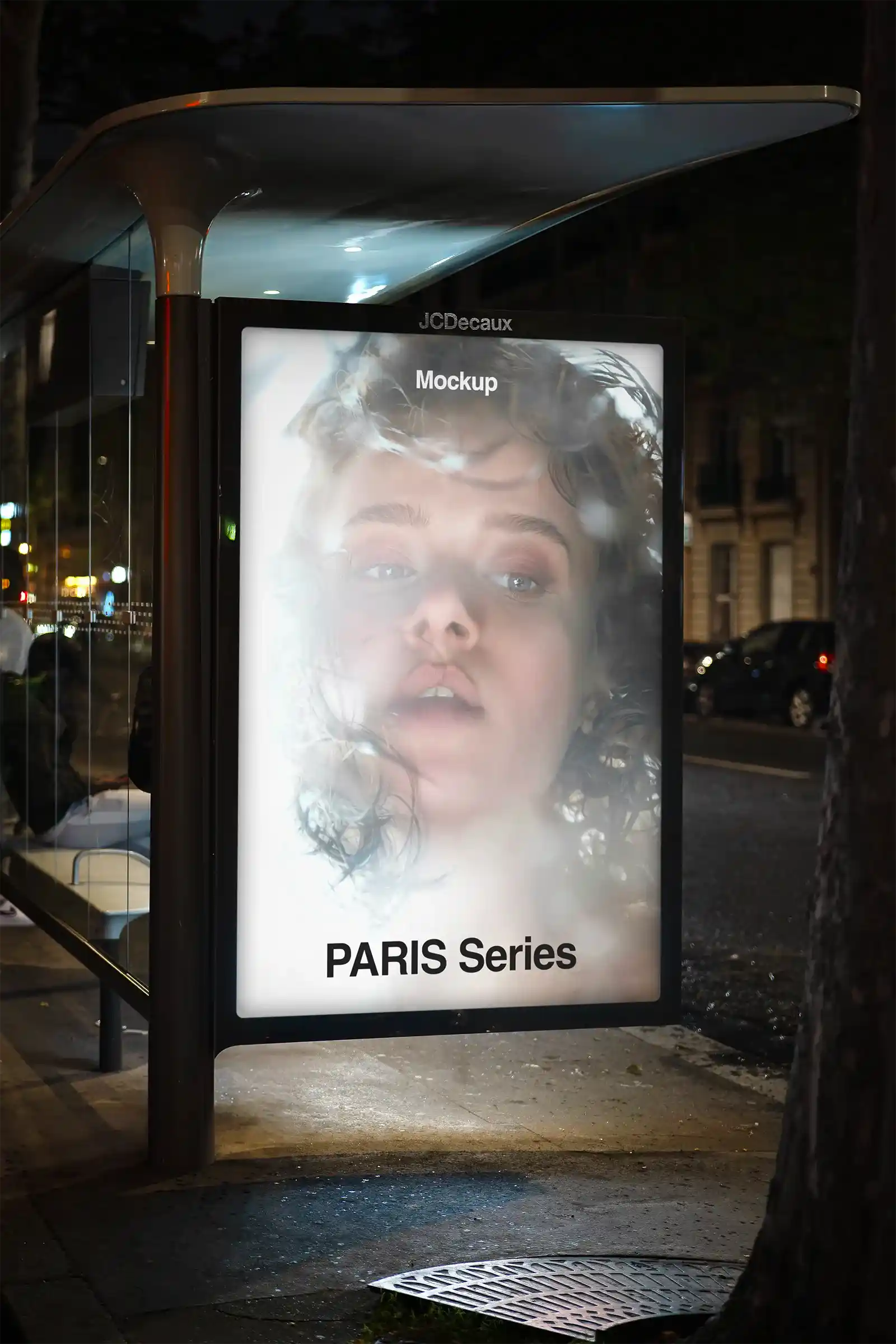 Poster Mockup on a bus shelter in Paris, France. © BRANDACLE MOCKUPS 2026. 