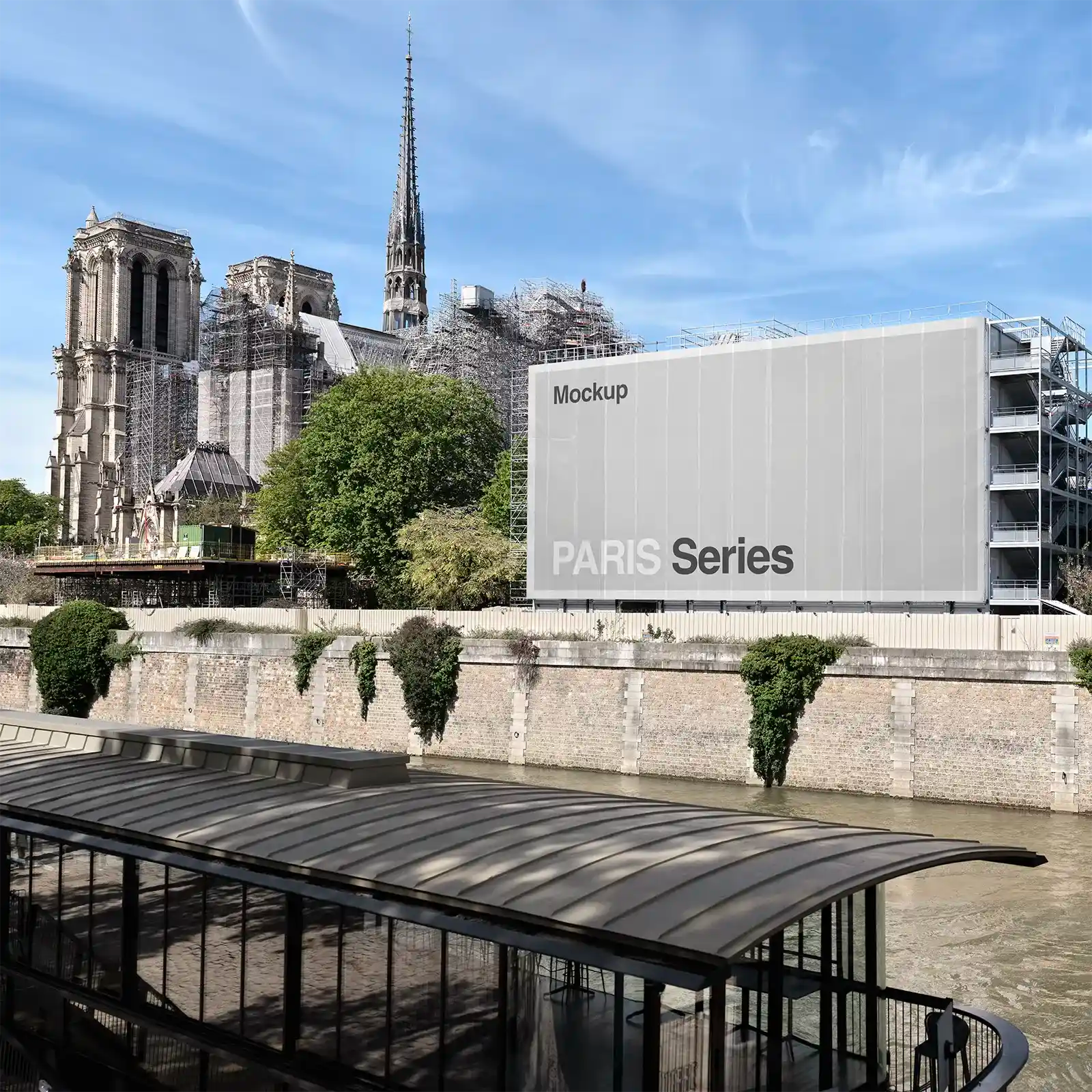 Banner mockup on Notre Dame de Paris Cathedral, France. PSD Mockup on Photoshop for your design 2