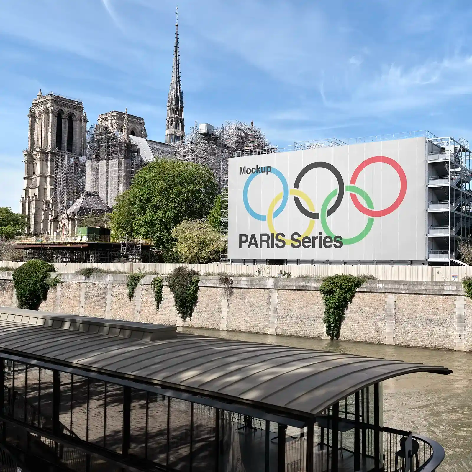 Banner mockup on Notre Dame de Paris Cathedral, France. PSD Mockup on Photoshop for your design 1