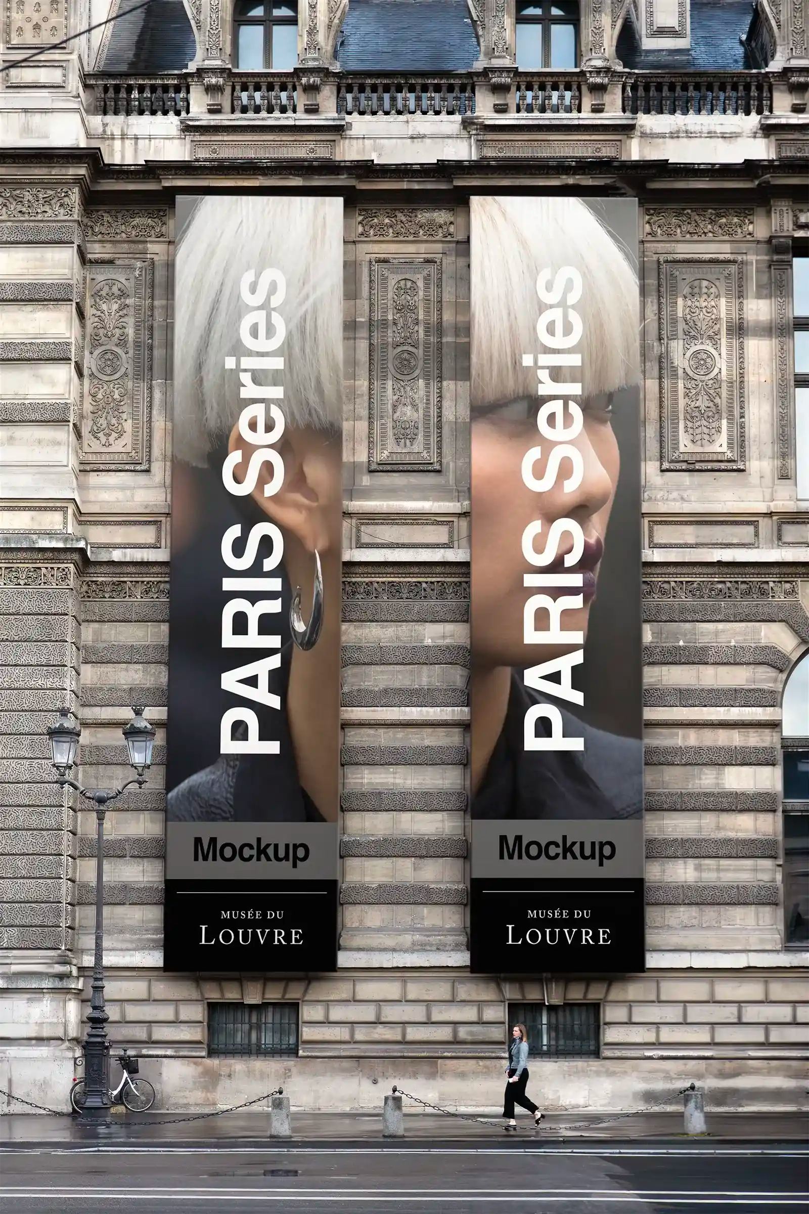 Banner mockup on the Louvre Museum in Paris, France. PSD Mockup on Photoshop for your design 1