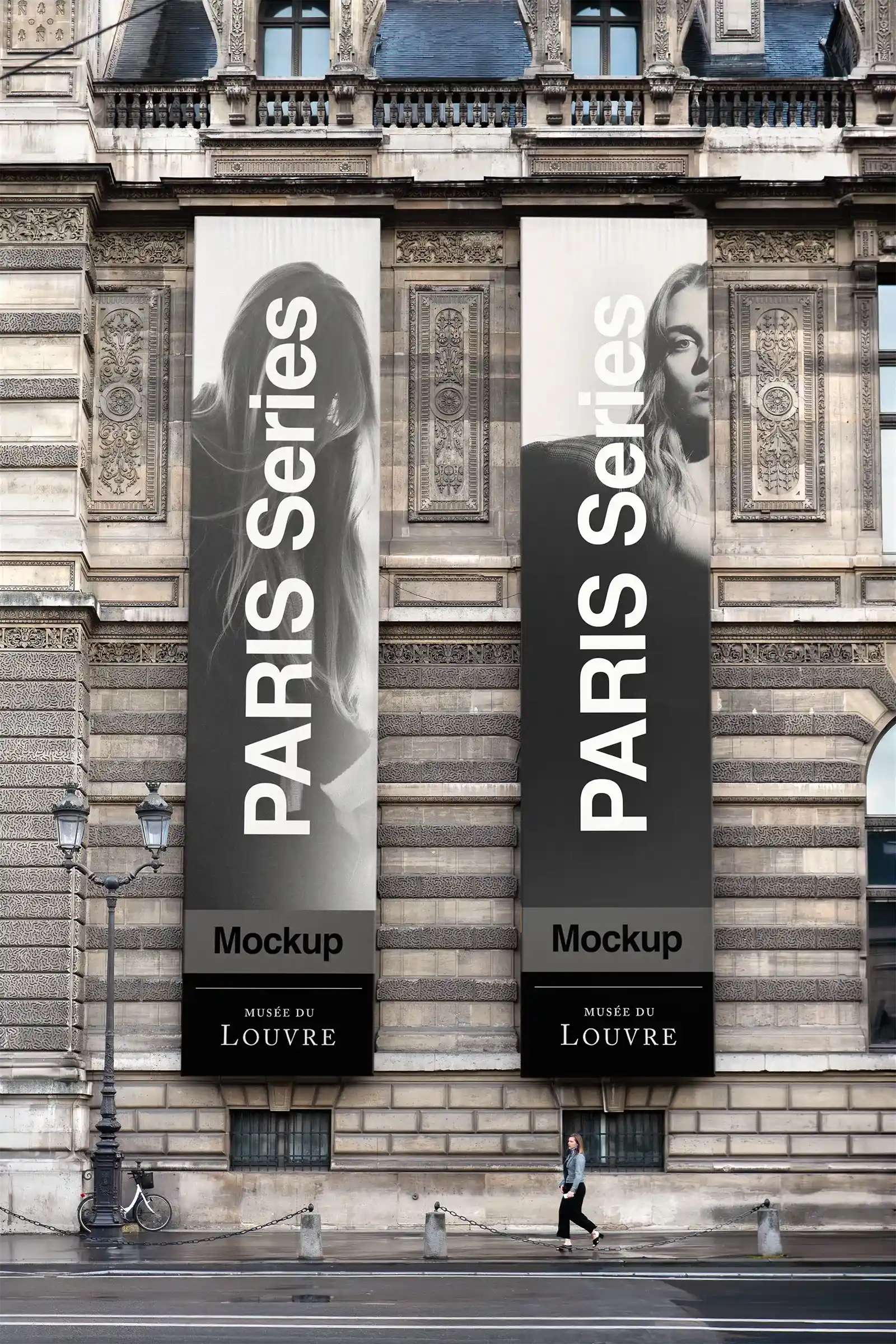 Banner mockup on the Louvre Museum in Paris, France