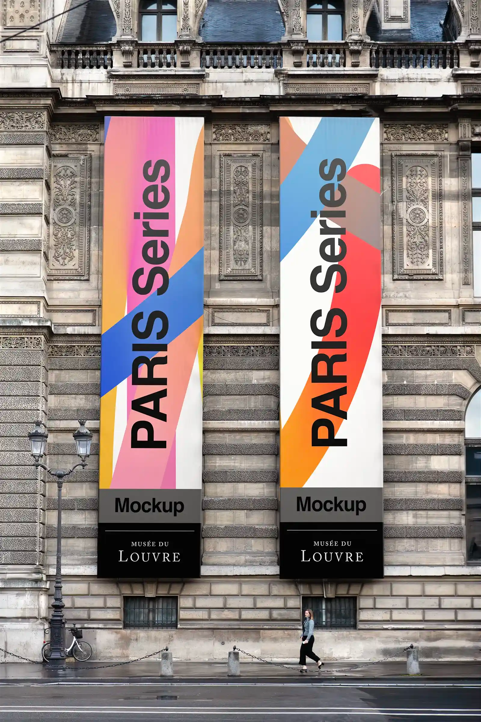 Banner mockup on the Louvre Museum in Paris, France. PSD Mockup on Photoshop for your design 2