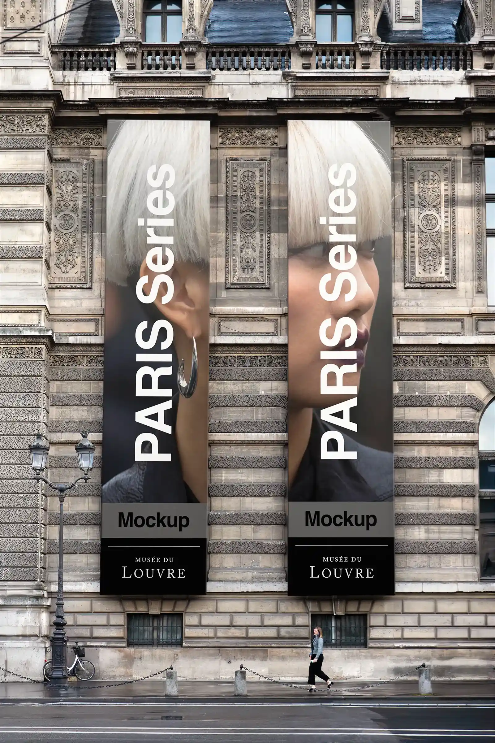 Banner mockup on the Louvre Museum in Paris, France