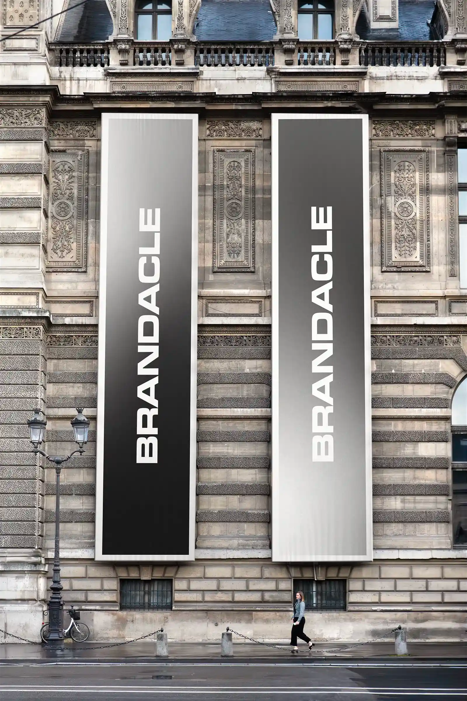 Banner mockup on the Louvre Museum in Paris, France. PSD Mockup on Photoshop for your design 3