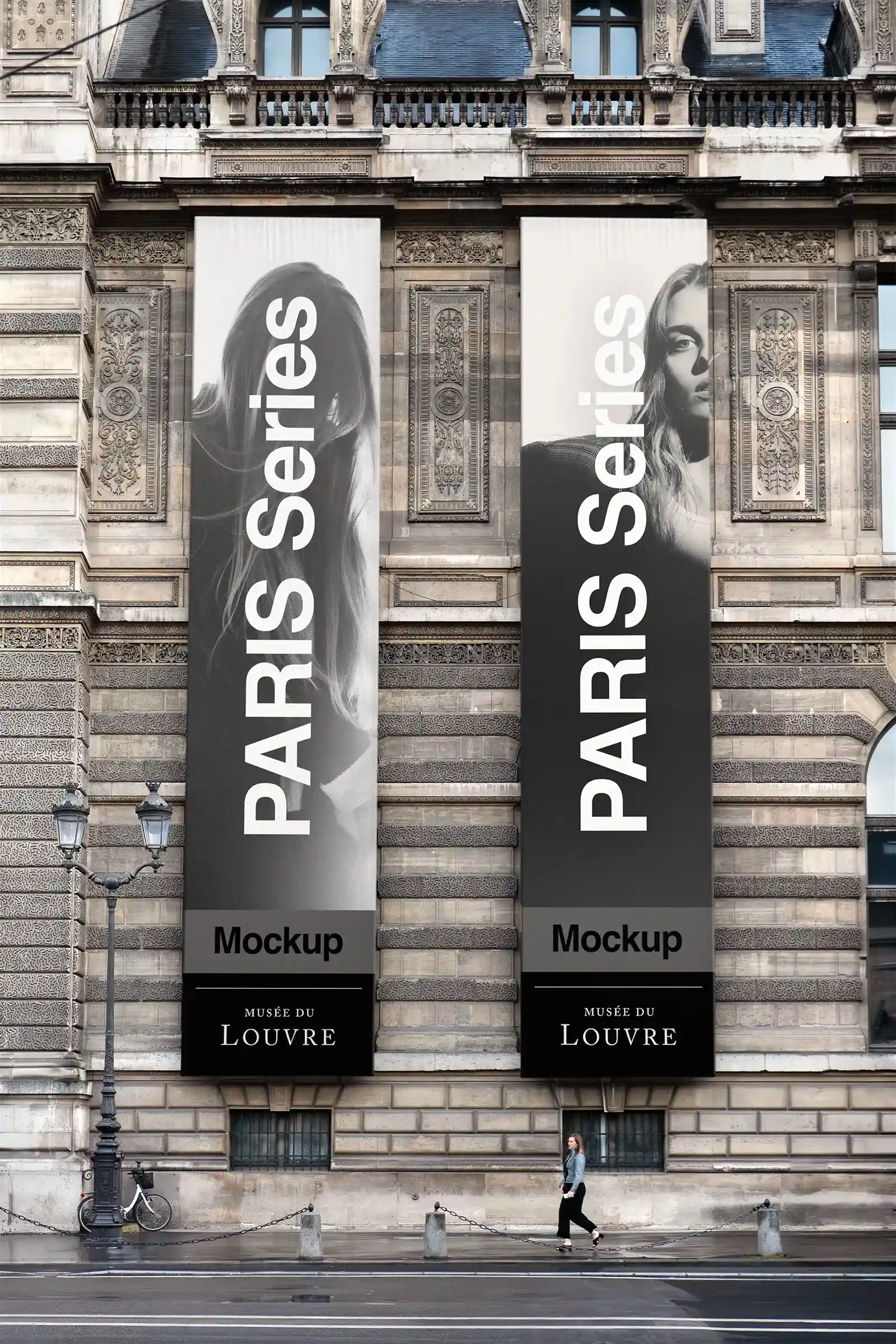 Banner mockup on the Louvre Museum in Paris, France. PSD Mockup on Photoshop for your design 4