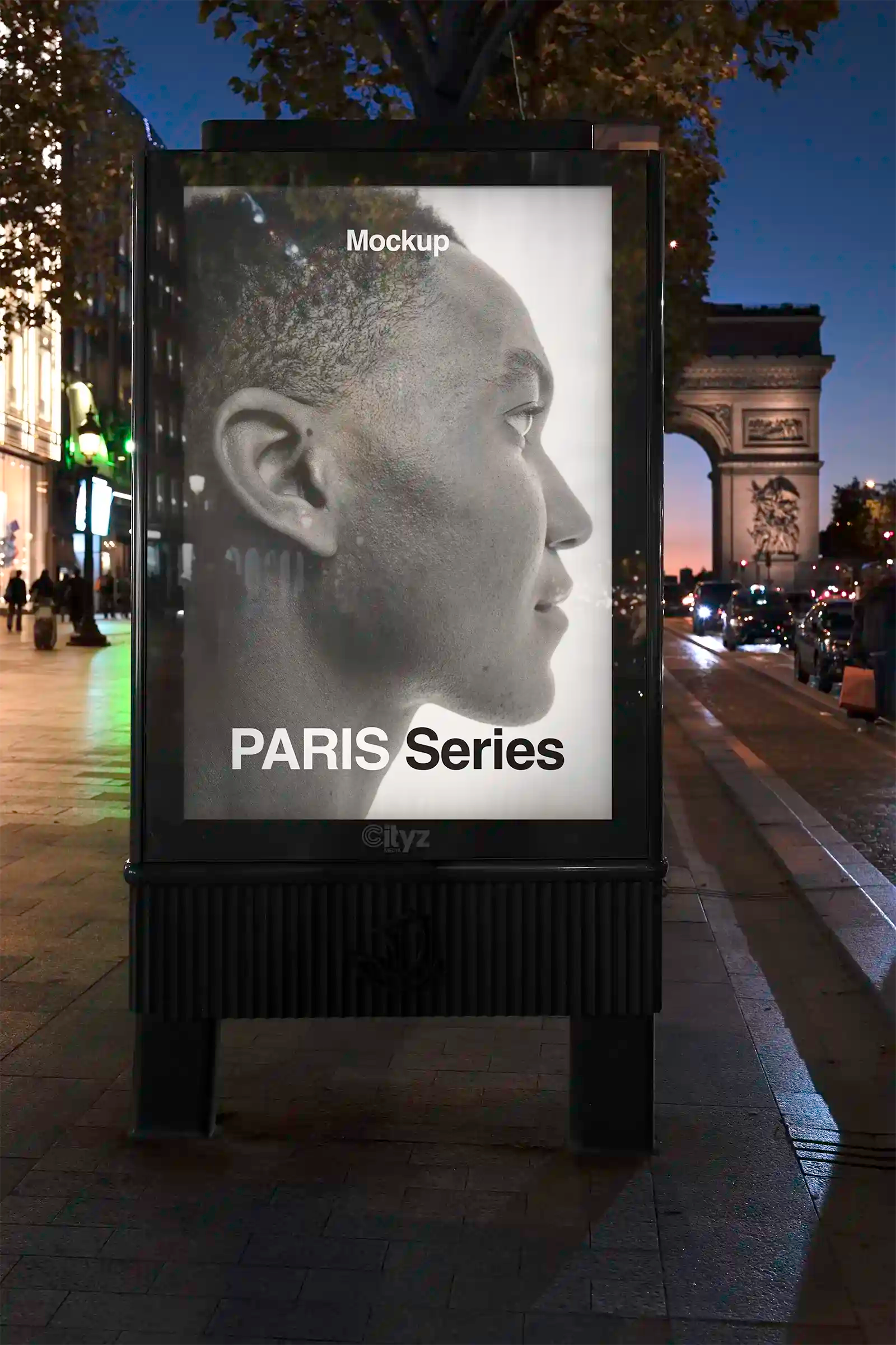 Billboard mockup on the Champs-Elysees, Paris, France with Arc de Triomphe. PSD Mockup on Photoshop for your design 1
