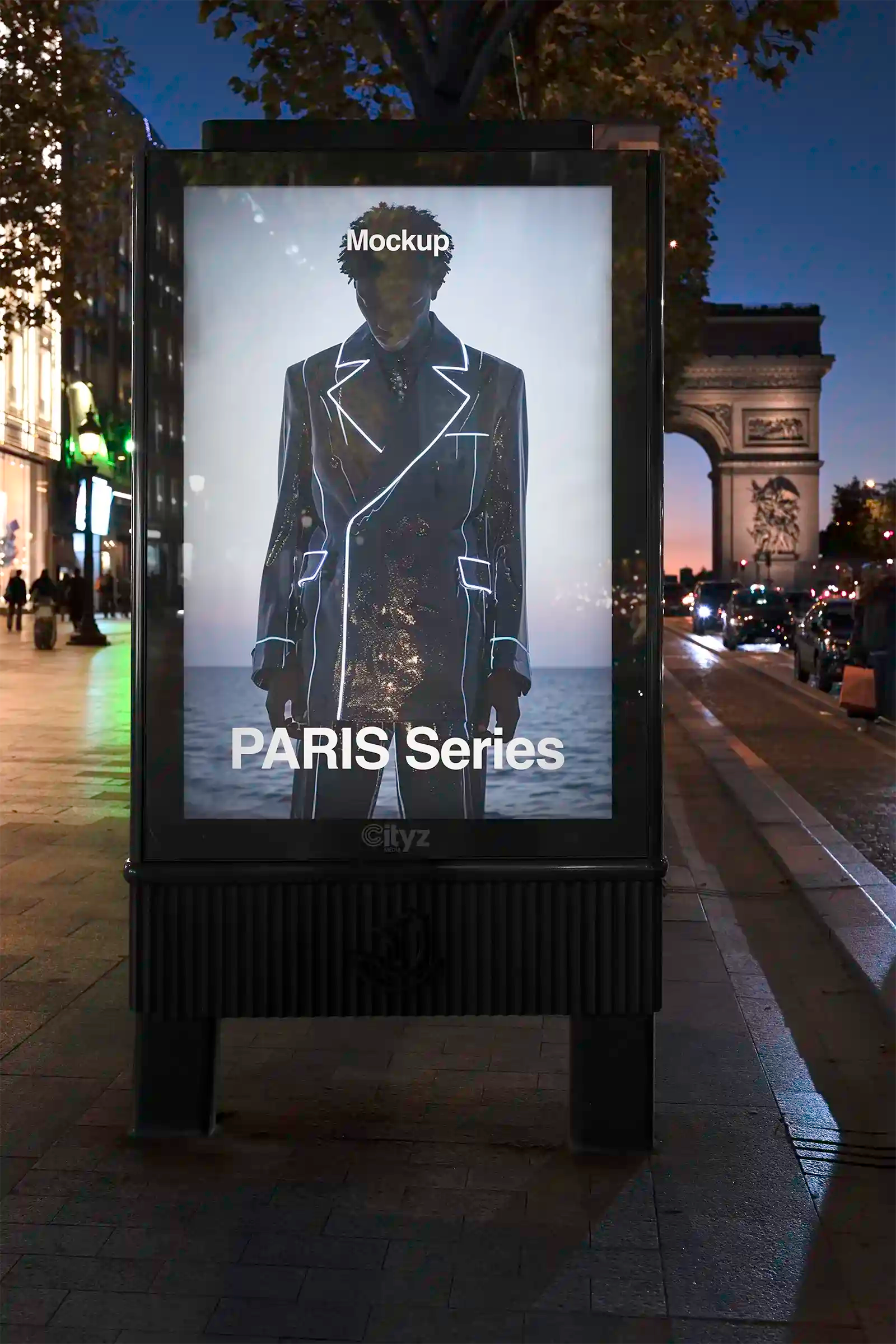Billboard mockup on the Champs-Elysees, Paris, France with Arc de Triomphe. PSD Mockup on Photoshop for your design 2