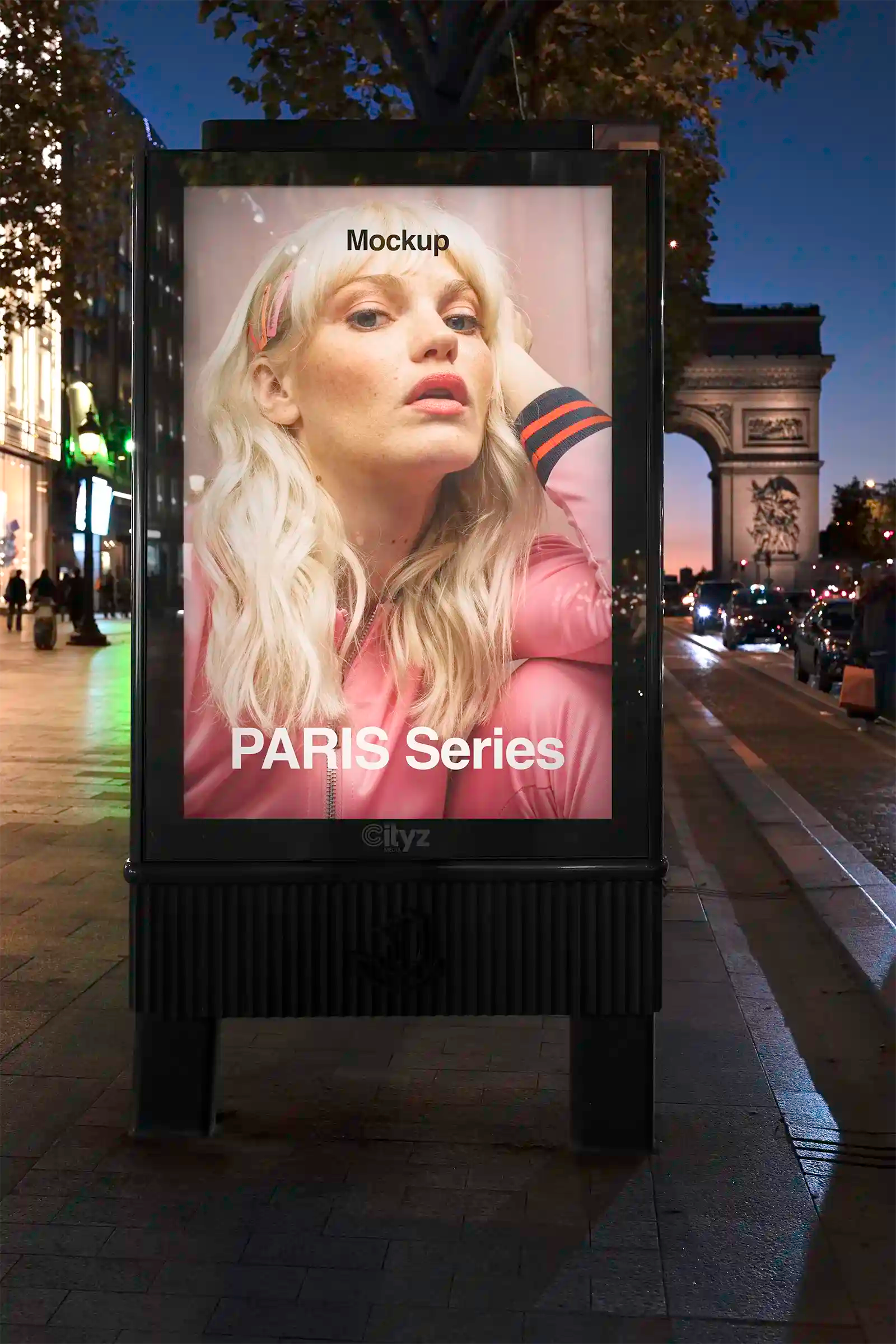 Billboard mockup on the Champs-Elysees, Paris, France with Arc de Triomphe. PSD Mockup on Photoshop for your design 3