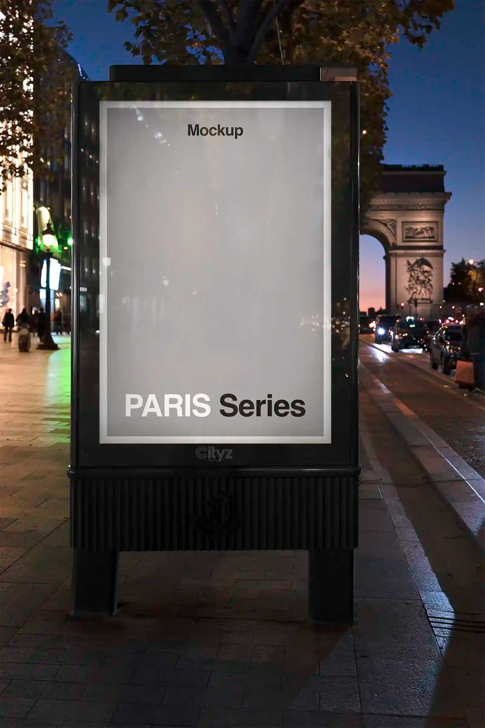Billboard mockup on the Champs-Elysees, Paris, France with Arc de Triomphe. PSD Mockup on Photoshop for your design 4
