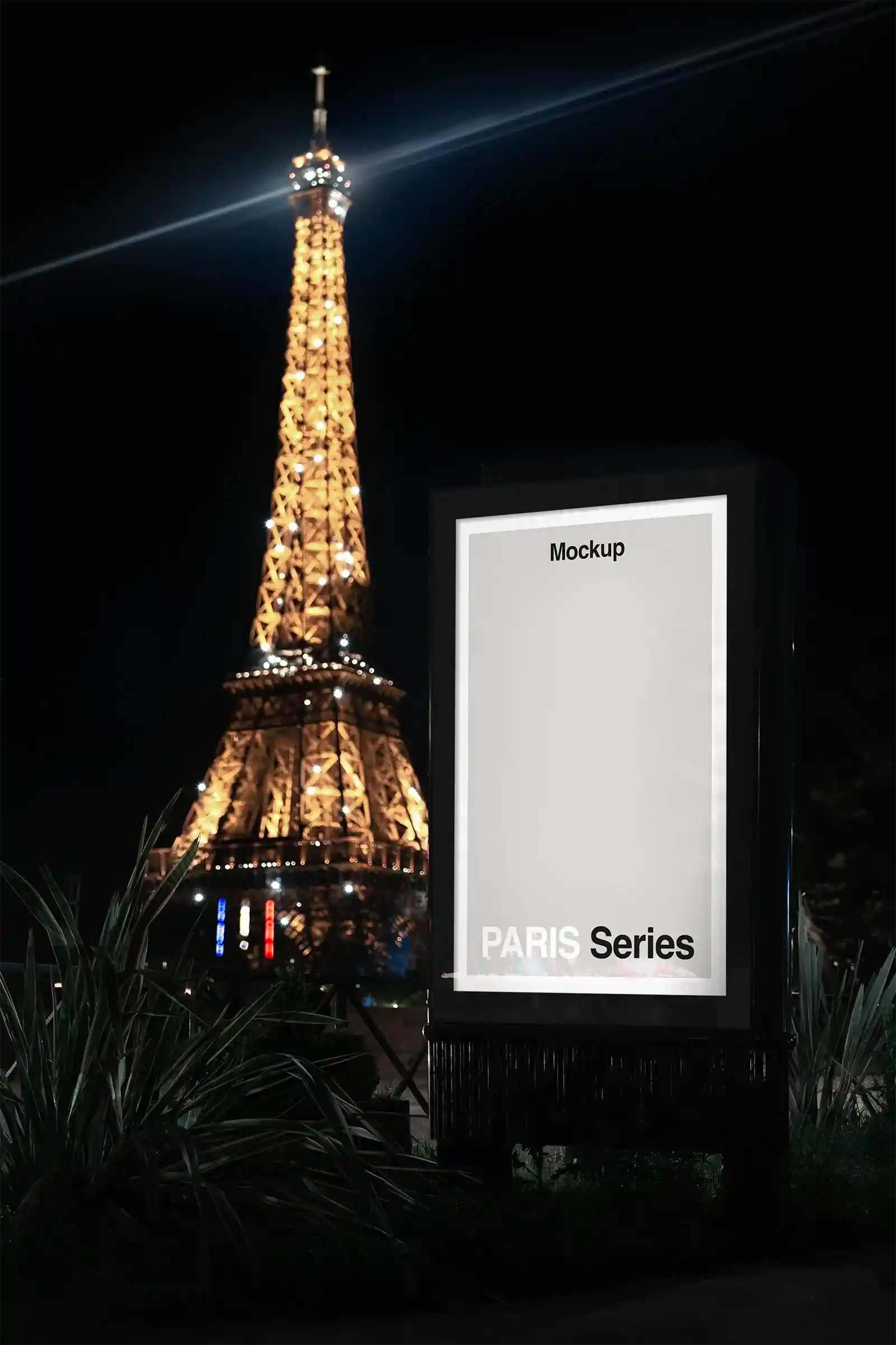 Billboard mockup by the Eiffel Tower, in Paris, France. PSD Mockup on Photoshop for your design 3