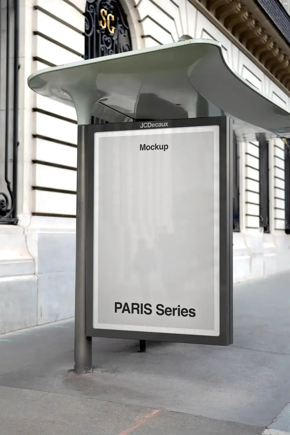 Poster mockup on a bus shelter in Paris, France