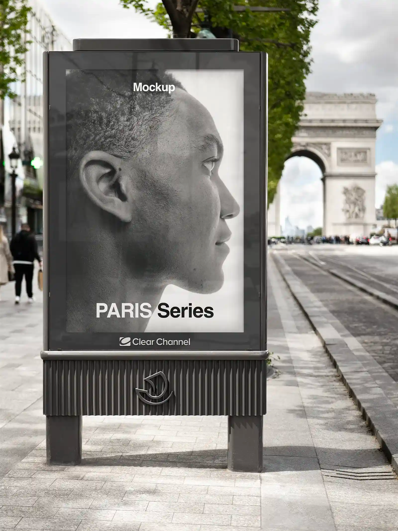 Billboard mockup on the Champs-Elysees, Paris, France with Arc de Triomphe. PSD Mockup on Photoshop for your design 1