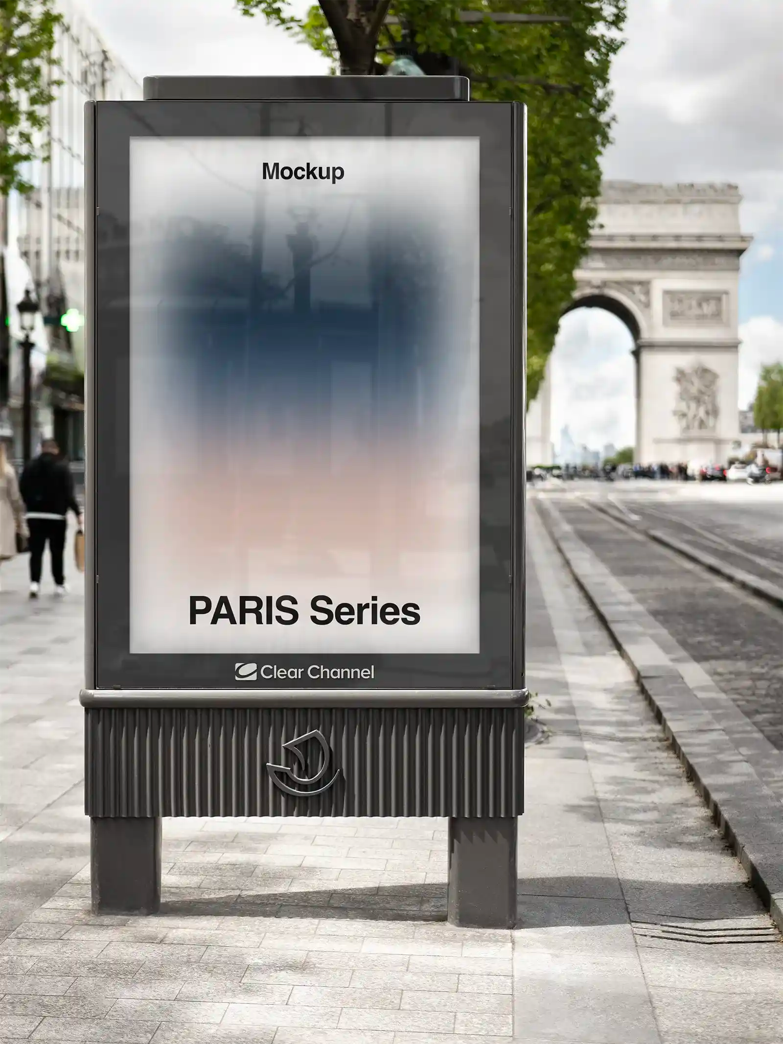 Billboard mockup on the Champs-Elysees, Paris, France with Arc de Triomphe. PSD Mockup on Photoshop for your design 2