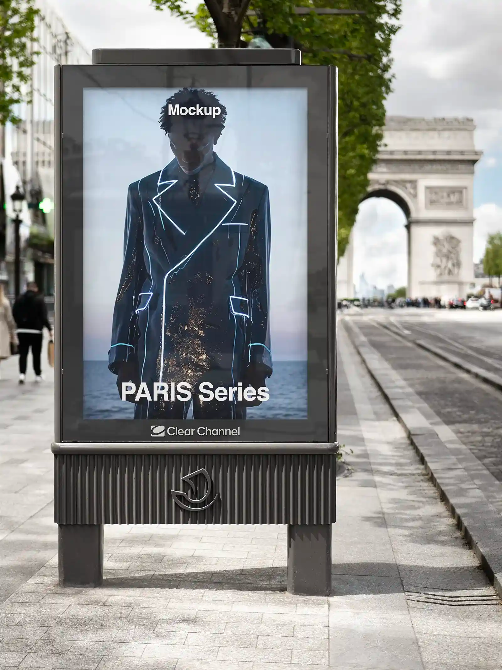 Billboard mockup on the Champs-Elysees, Paris, France with Arc de Triomphe. PSD Mockup on Photoshop for your design 3