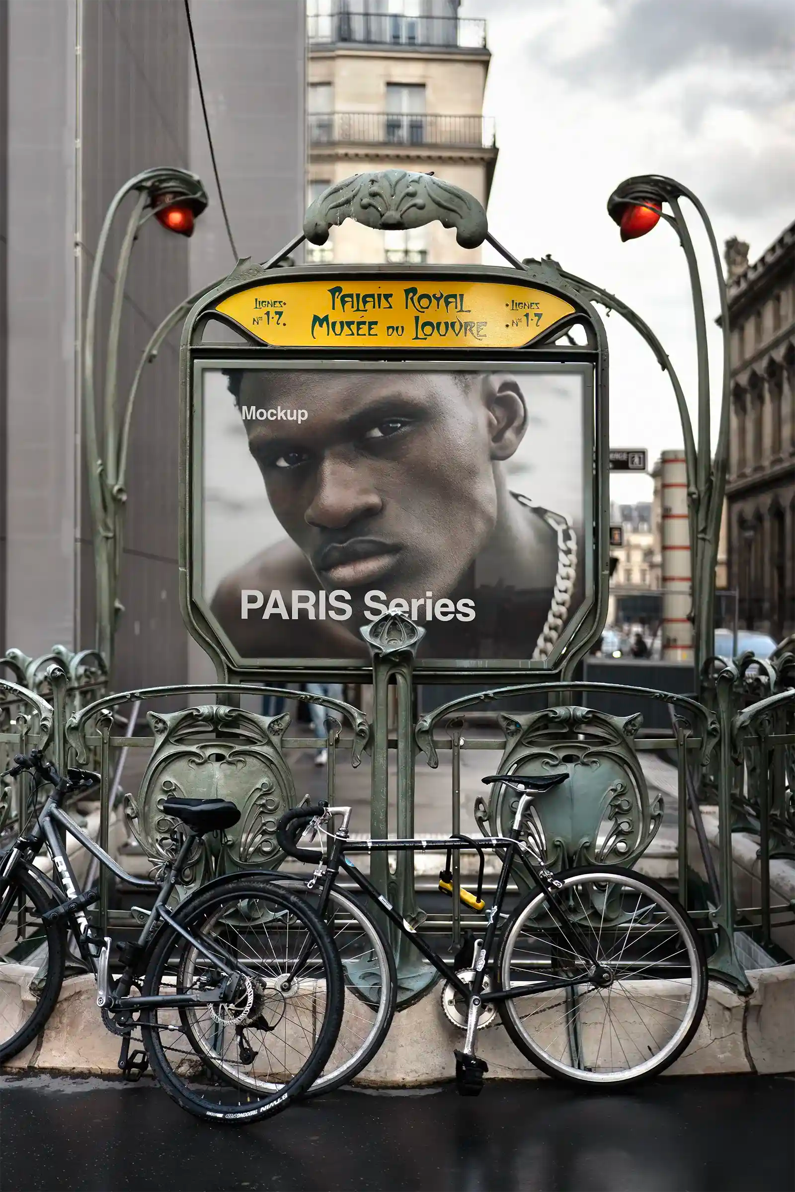 Billboard mockup at the Louvre museum in Paris, France. PSD Mockup on Photoshop for your design 1