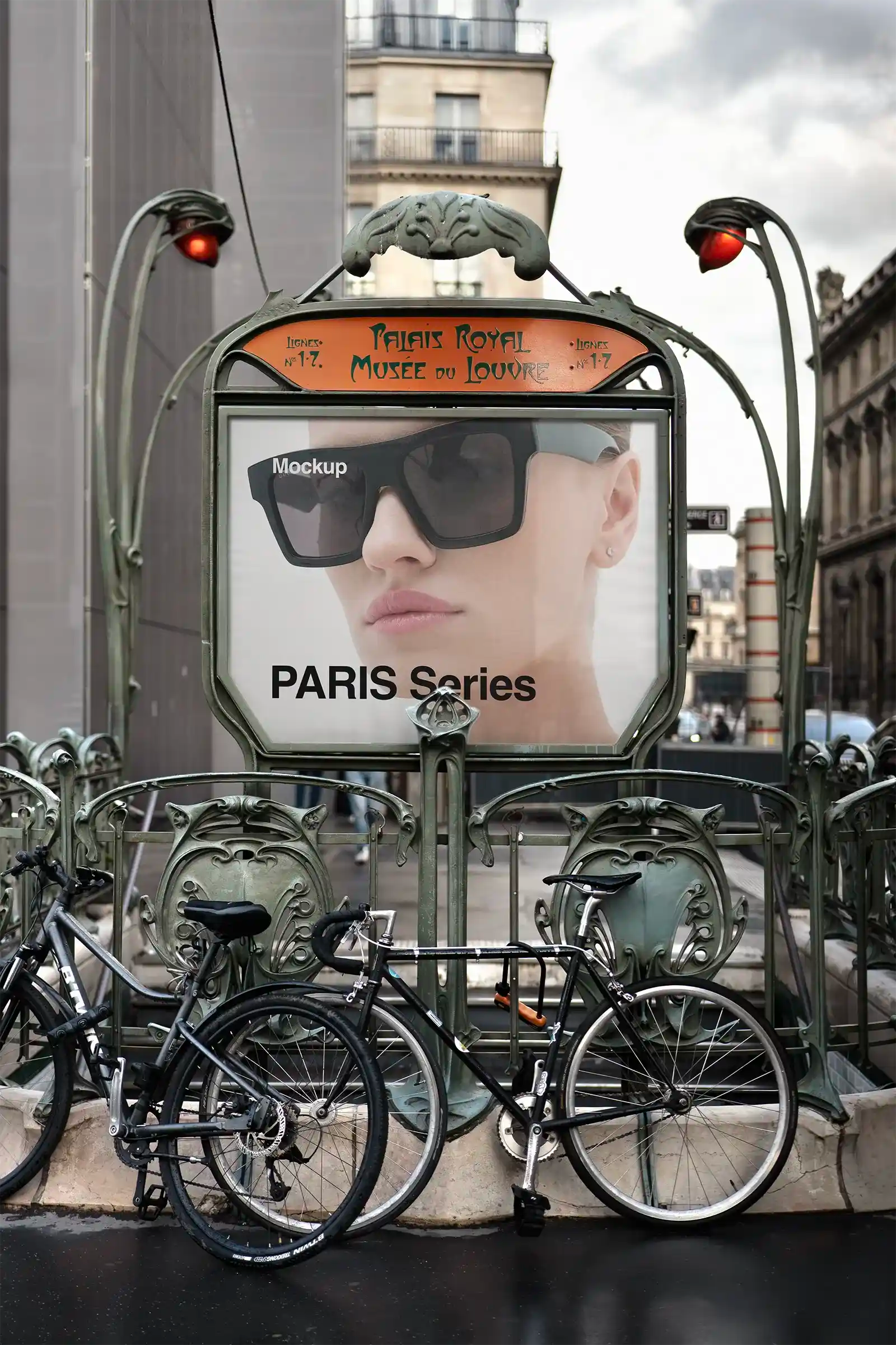 Billboard mockup at the Louvre museum in Paris, France. PSD Mockup on Photoshop for your design 2