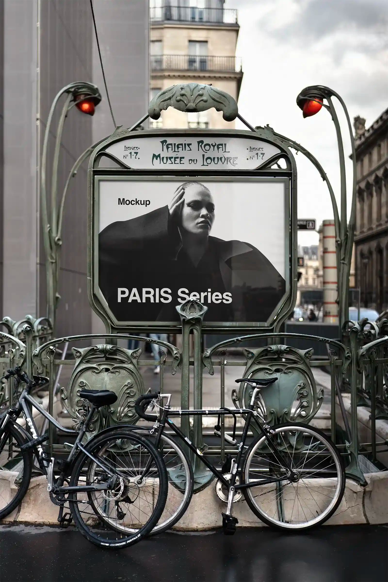 Billboard mockup at the Louvre museum in Paris, France. PSD Mockup on Photoshop for your design 3