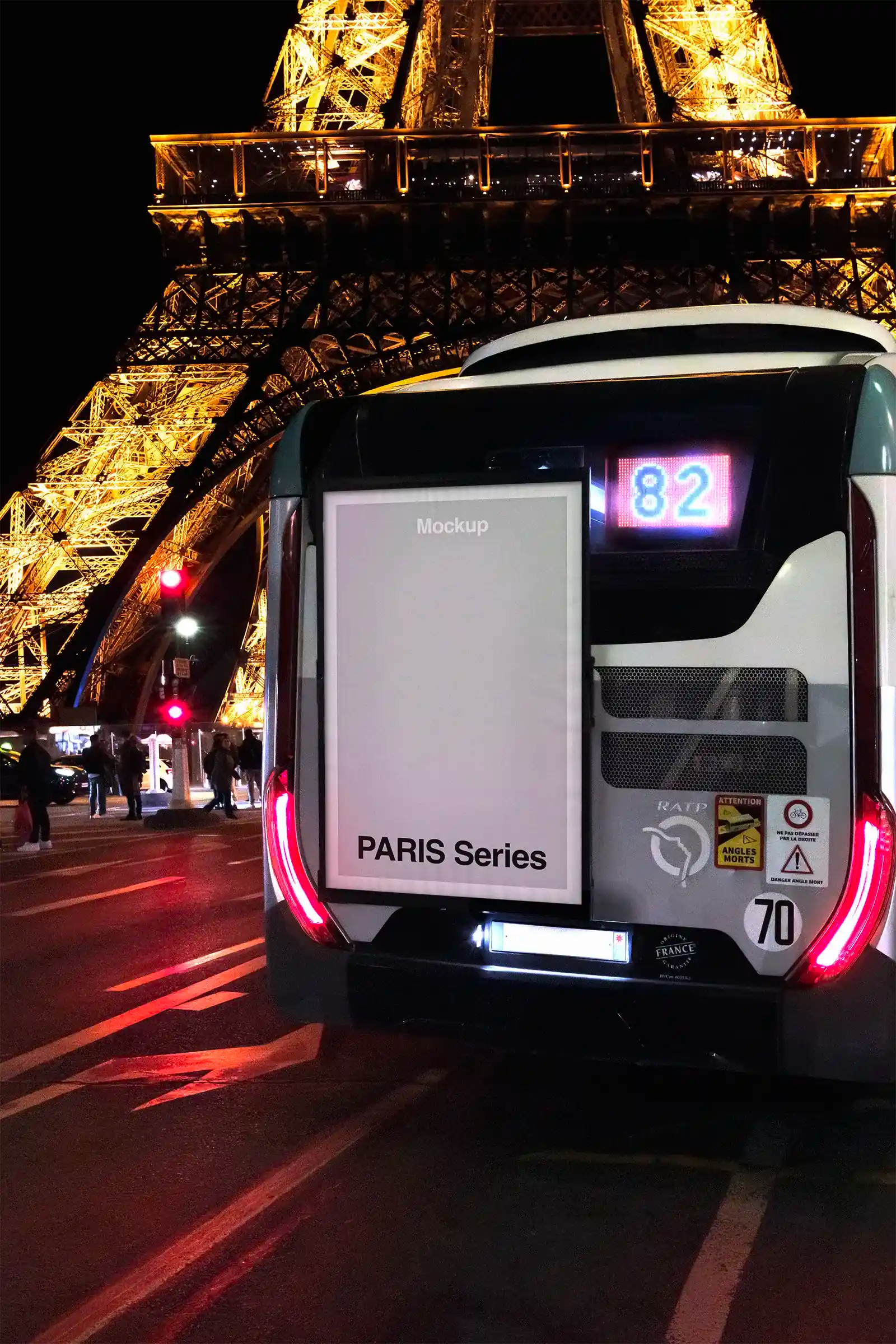 Billboard bus mockup by the Eiffel Tower, in Paris, France. PSD Mockup on Photoshop for your design 3