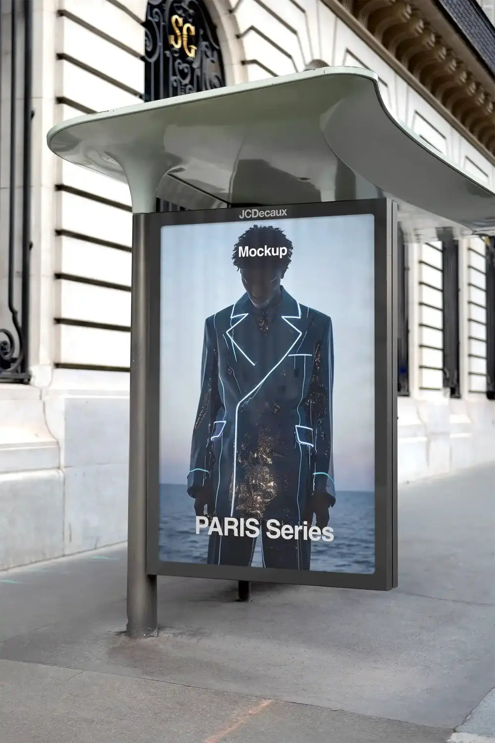 Poster mockup on a bus shelter in Paris, France