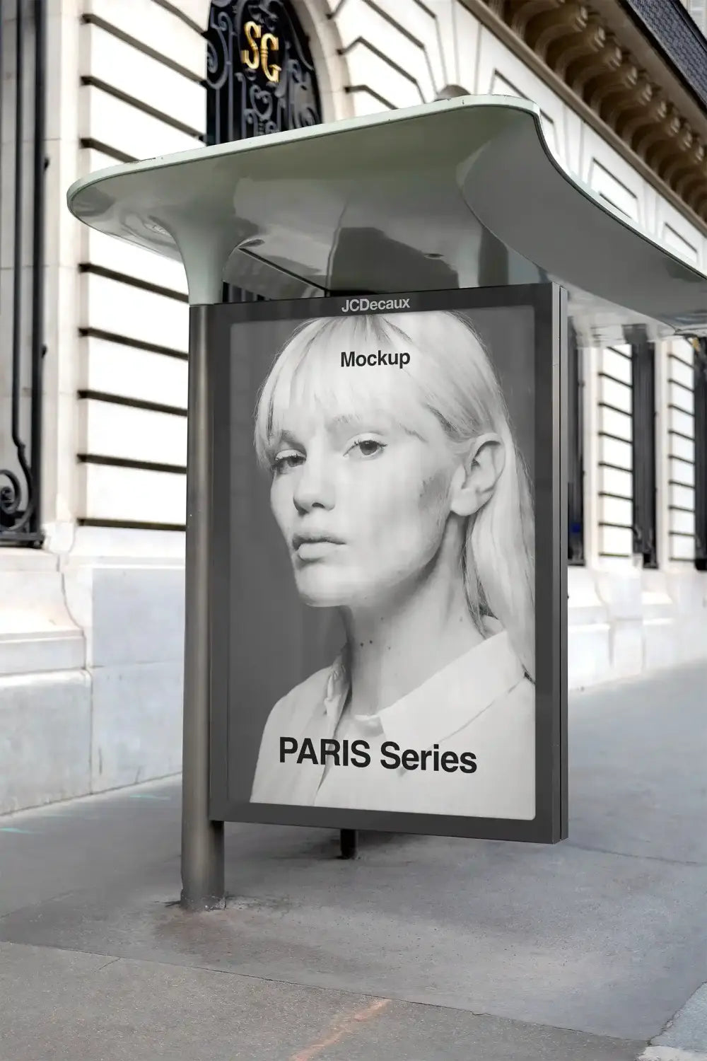 Poster mockup on a bus shelter in Paris, France