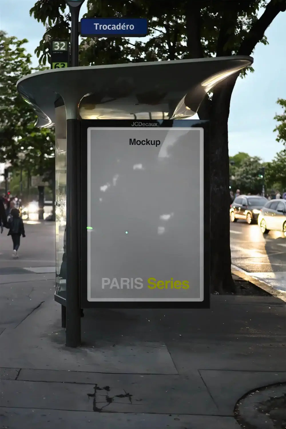 Poster mockup on a bus shelter in Paris, France