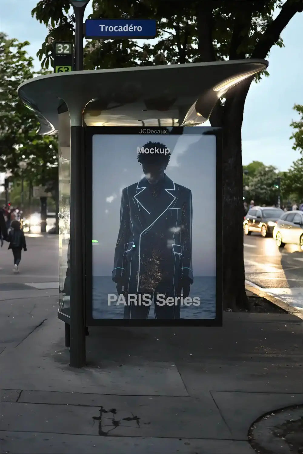 Poster mockup on a bus shelter in Paris, France