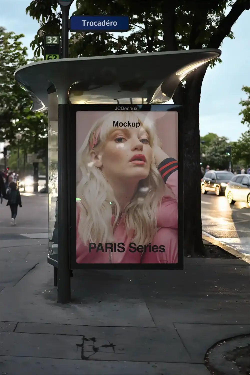 Poster mockup on a bus shelter in Paris, France