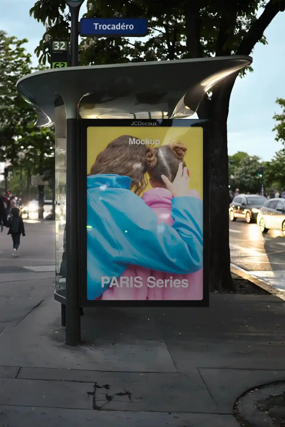 Poster mockup on a bus shelter in Paris, France