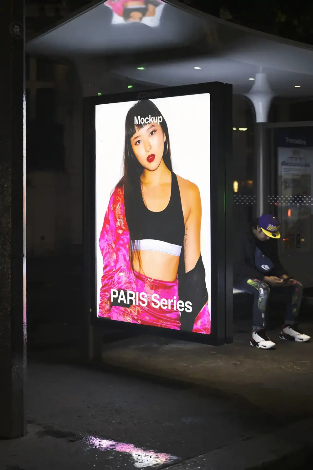 Poster mockup on a bus shelter in Paris, France