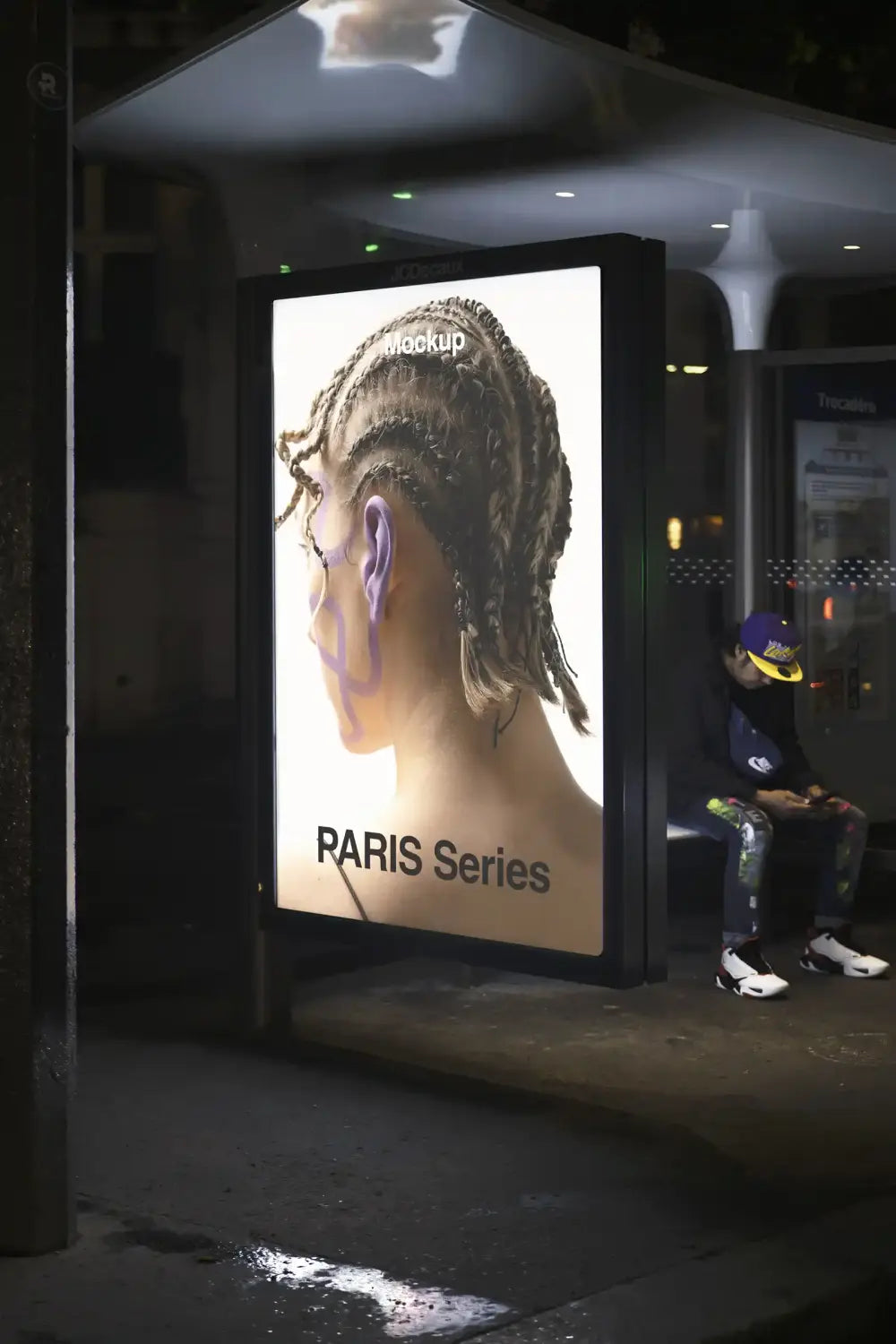 Poster mockup on a bus shelter in Paris, France