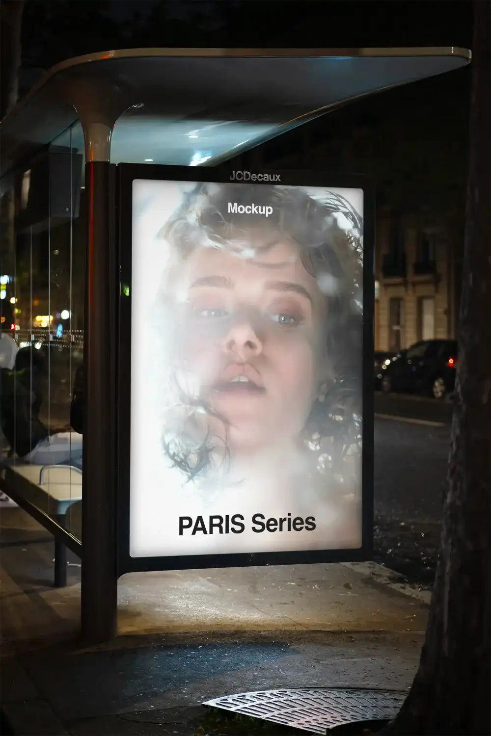 Poster mockup on a bus shelter in Paris, France