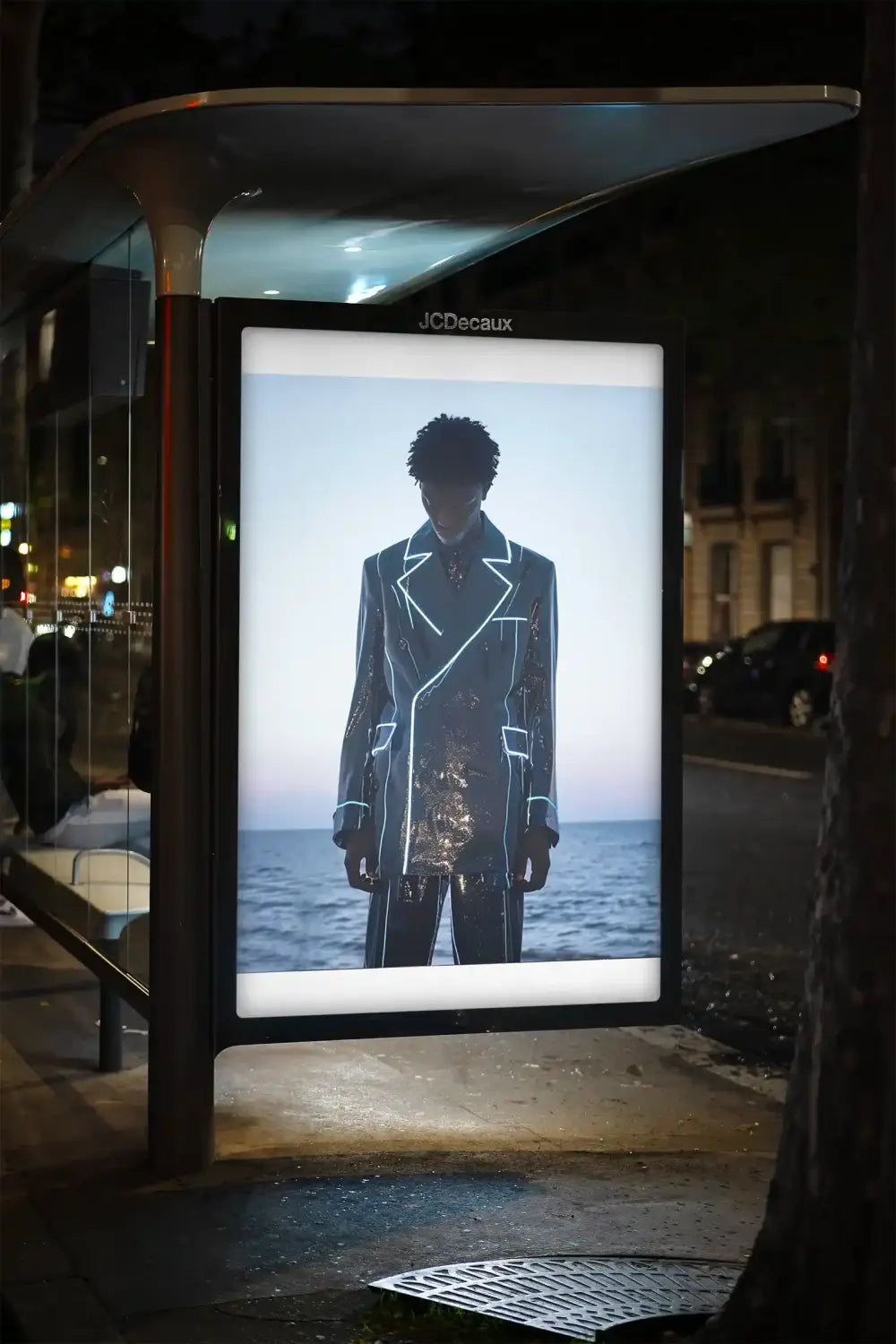 Poster mockup on a bus shelter in Paris, France